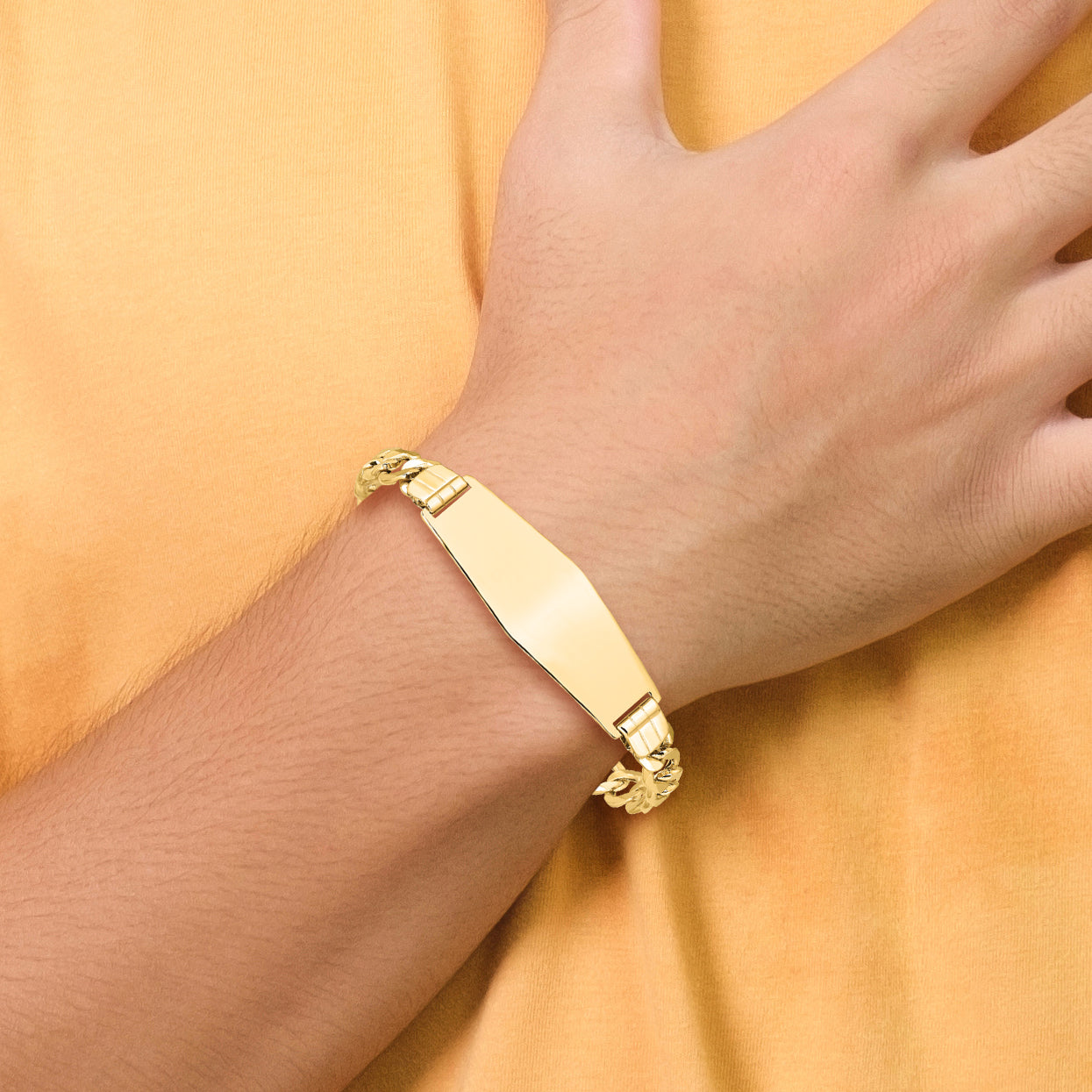 14k Polished Semi-Solid Chain/Solid Plate Curb Link Soft Diamond Shape 39x14mm Plate 8 inch ID Bracelet