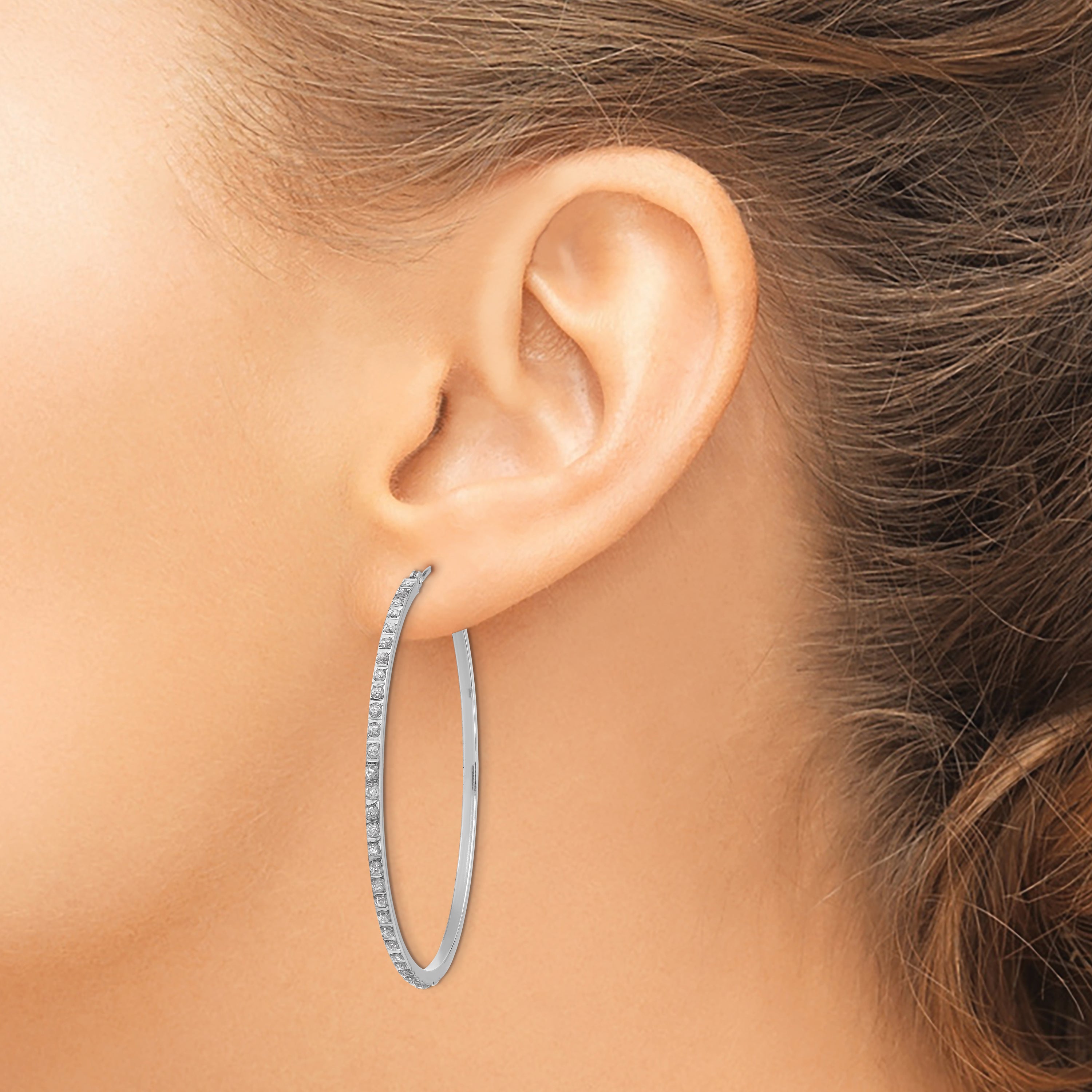 14k White Gold Diamond Fascination Lg Round Hinged Hoop Earrings
