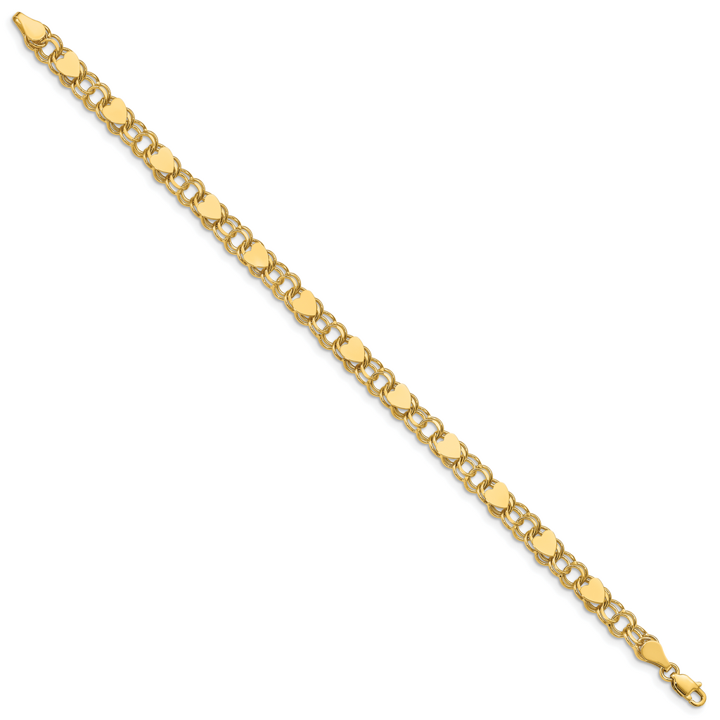14k 6mm Solid Double Link with Hearts 8 inch Charm Bracelet