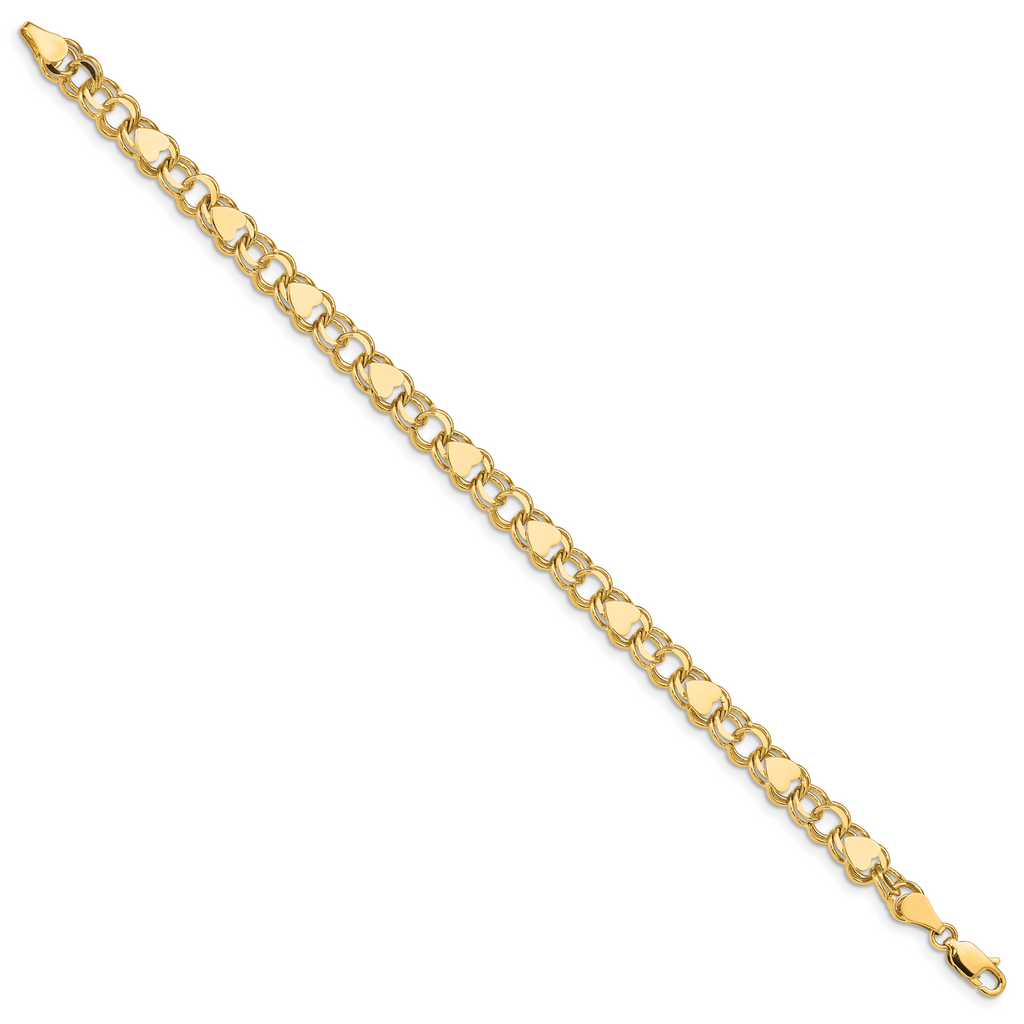 14k 7mm Solid Double Link with Hearts 8 inch Charm Bracelet