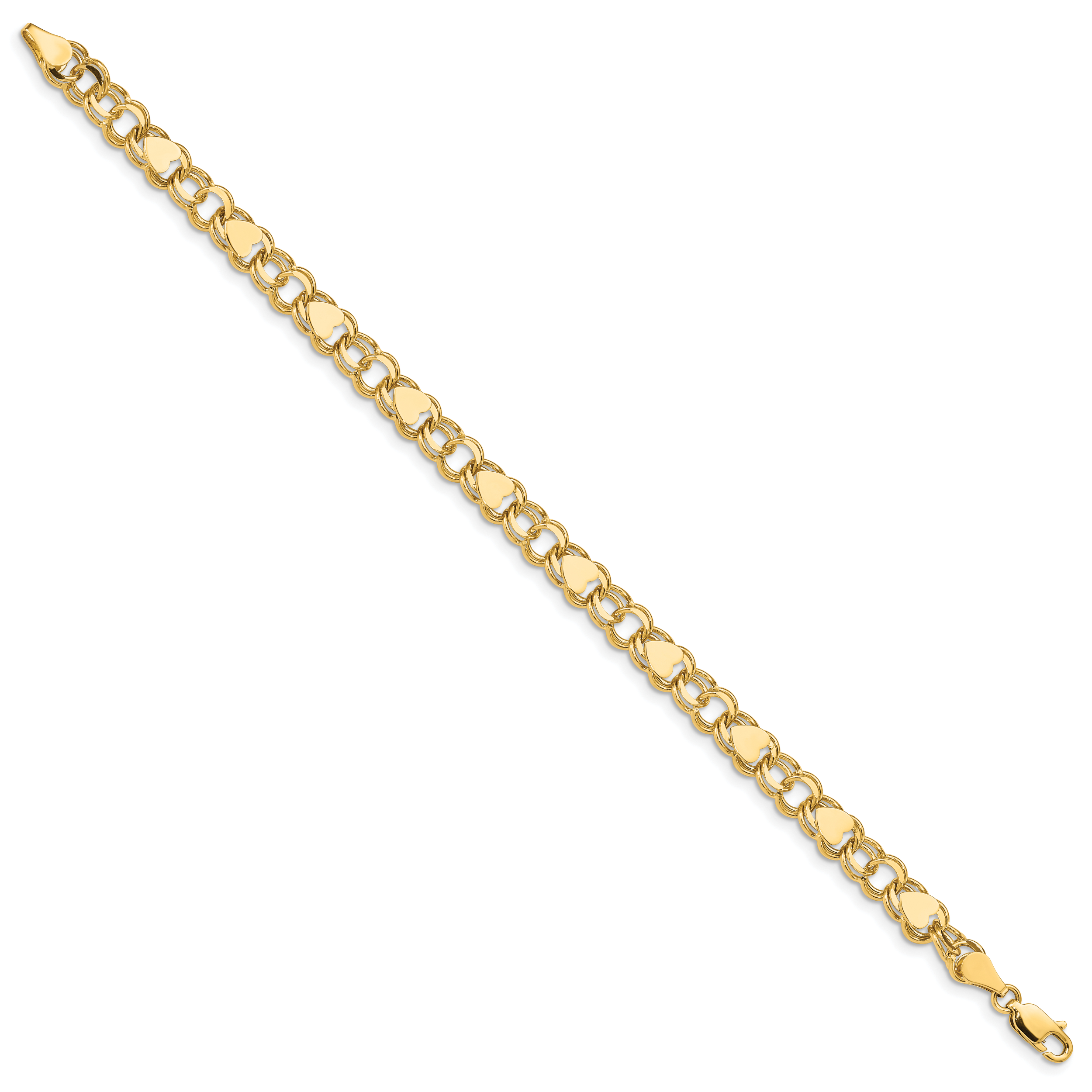 14k 7mm Solid Double Link with Hearts 8 inch Charm Bracelet