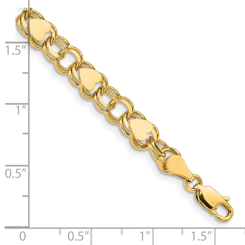 14k 7mm Solid Double Link with Hearts 8 inch Charm Bracelet