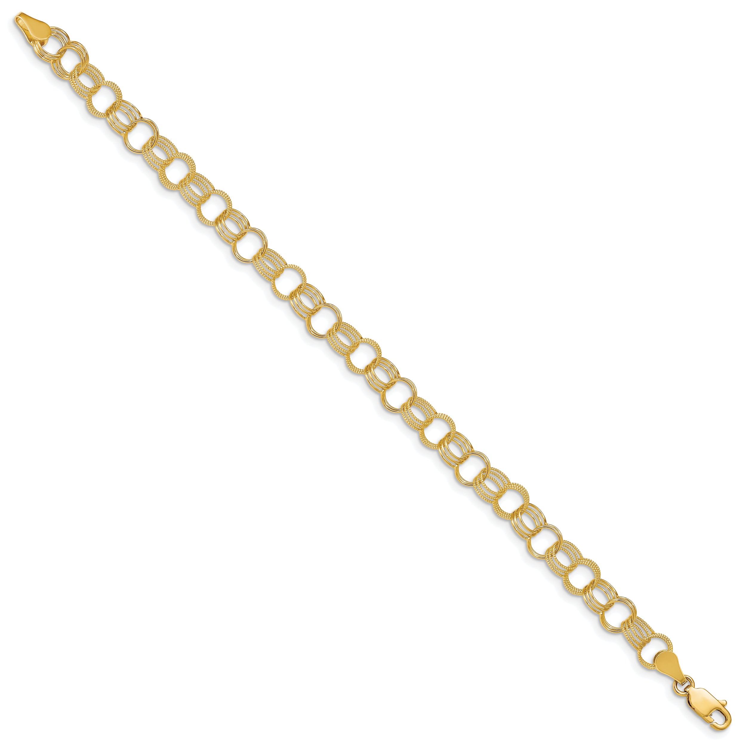 14k 7.5mm Solid Polished and Textured Triple Link 8 inch Charm Bracelet