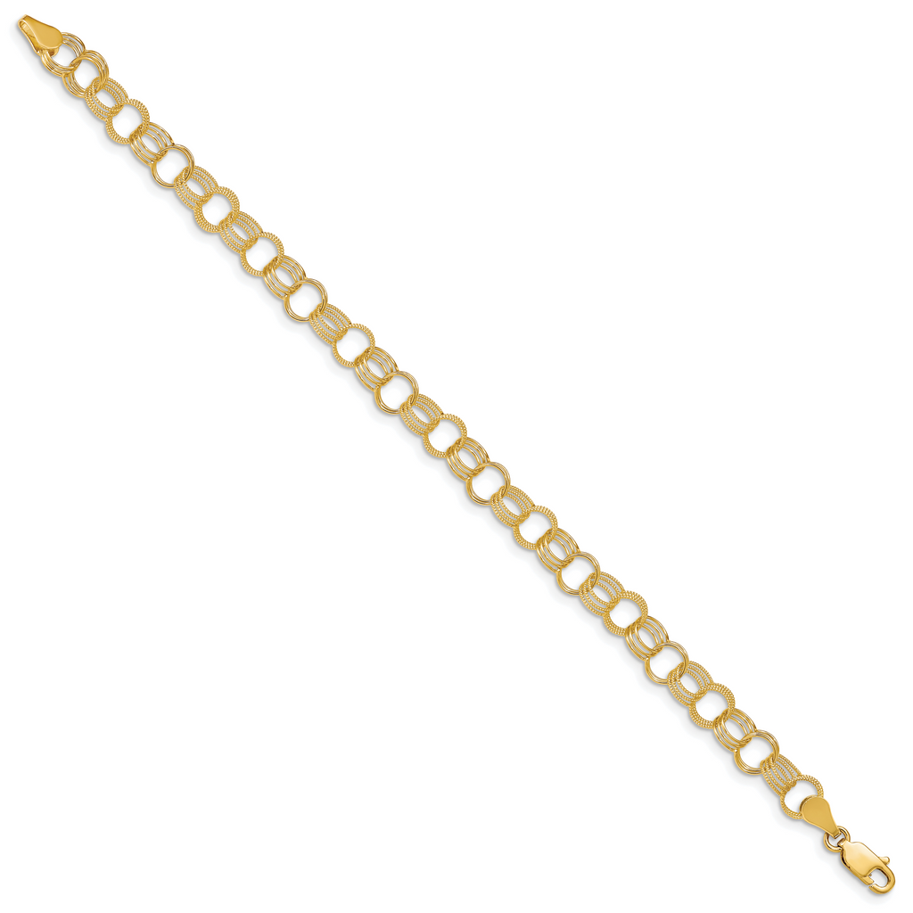 14k 7.5mm Solid Polished and Textured Triple Link 8 inch Charm Bracelet