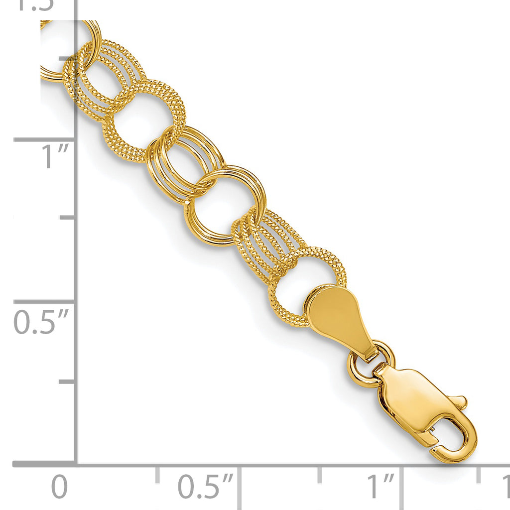 14k 7.5mm Solid Polished and Textured Triple Link 8 inch Charm Bracelet