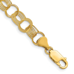 14k 8mm Solid Polished and Textured Triple Link 7 inch Charm Bracelet