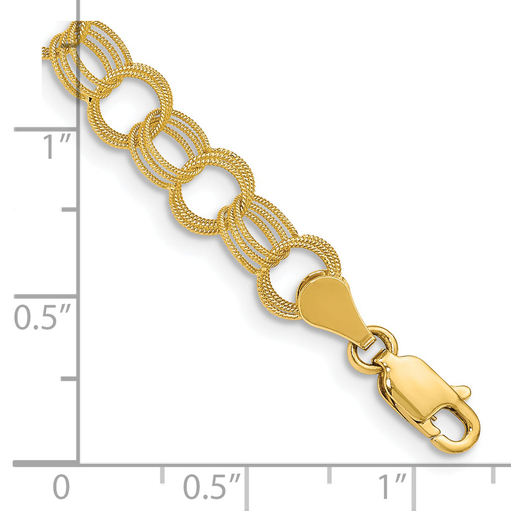 14k 6mm Solid Textured Triple Link 8 inch Charm Bracelet