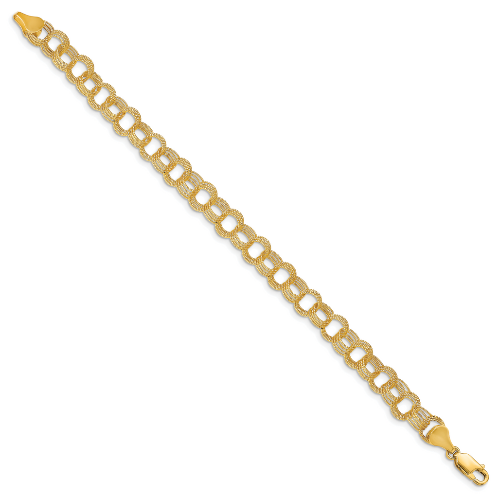 14k 7mm Solid Textured Triple Link 8 inch Charm Bracelet