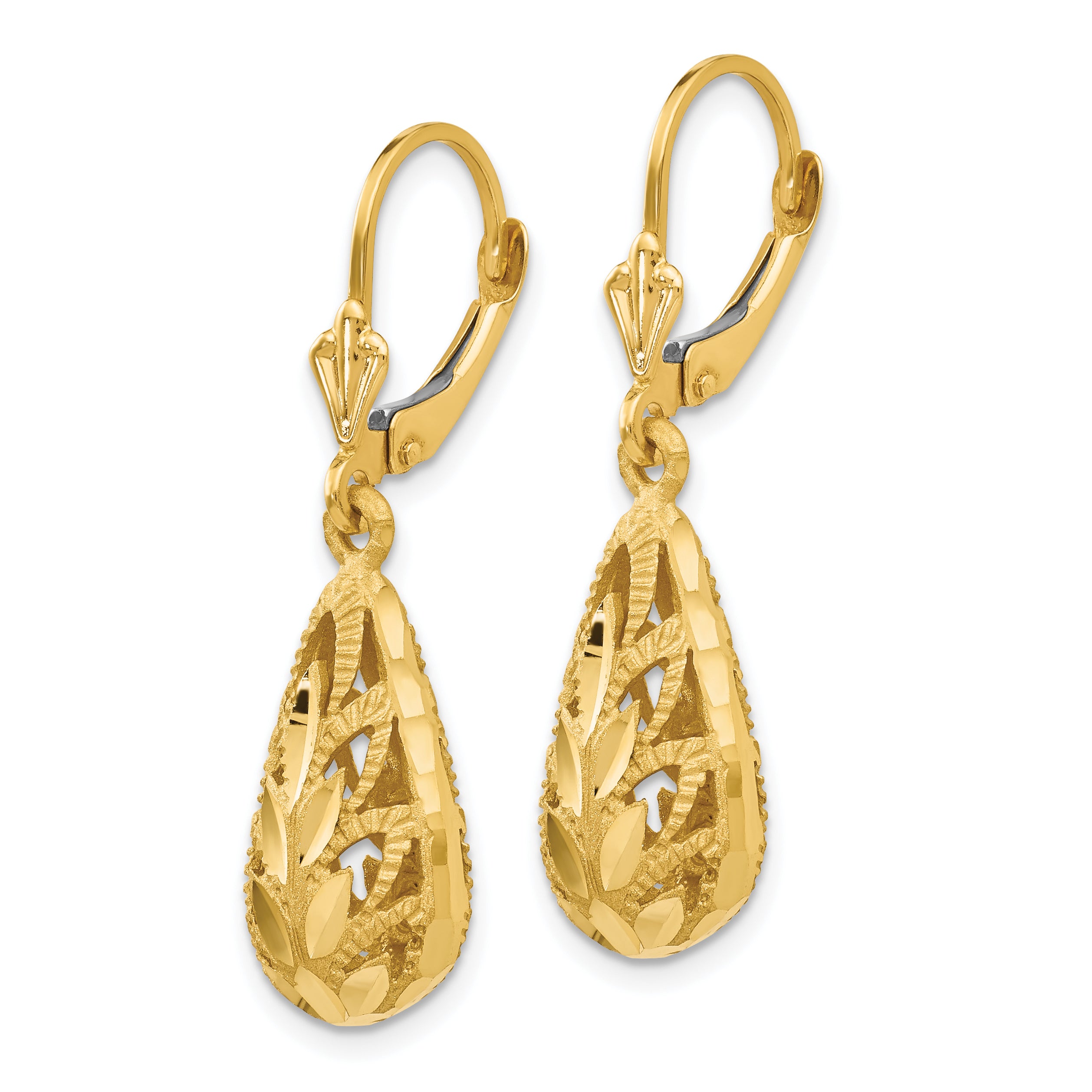 14k Polished and Diamond-Cut Dangle Leverback Earrings Secondary image