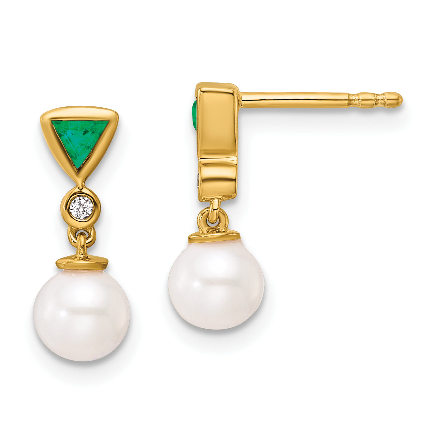 14K Polished Diamond and Emerald Pearl Dangle Post Earrings Main image