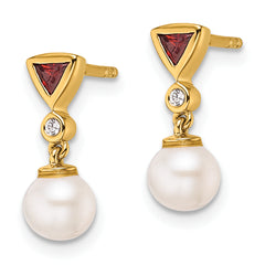 14K Polished Diamond and Ruby Pearl Dangle Post Earrings