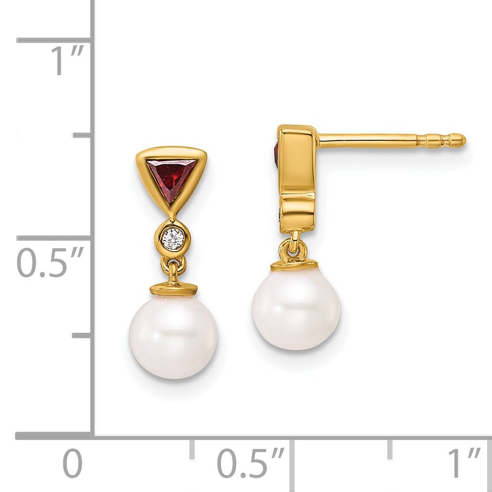 14K Polished Diamond and Ruby Pearl Dangle Post Earrings