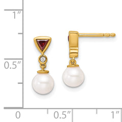 14K Polished Diamond and Ruby Pearl Dangle Post Earrings
