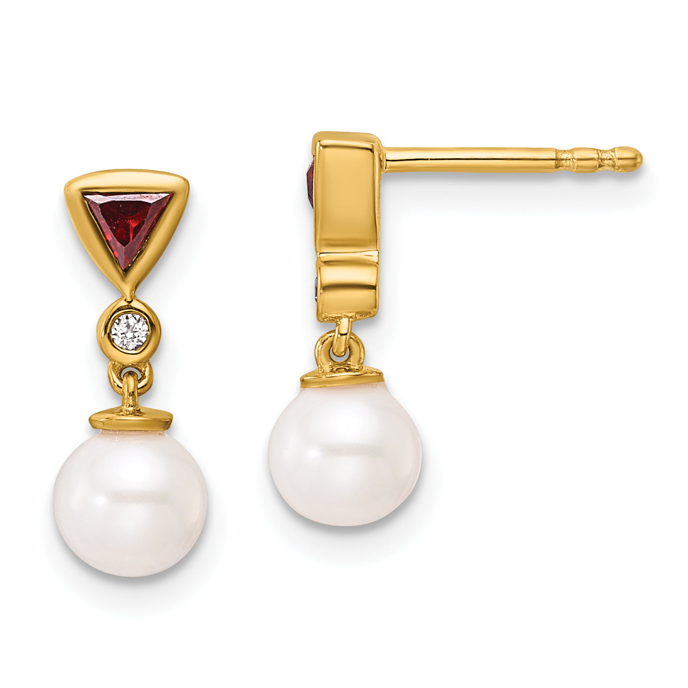 14K Polished Diamond and Ruby Pearl Dangle Post Earrings Main image