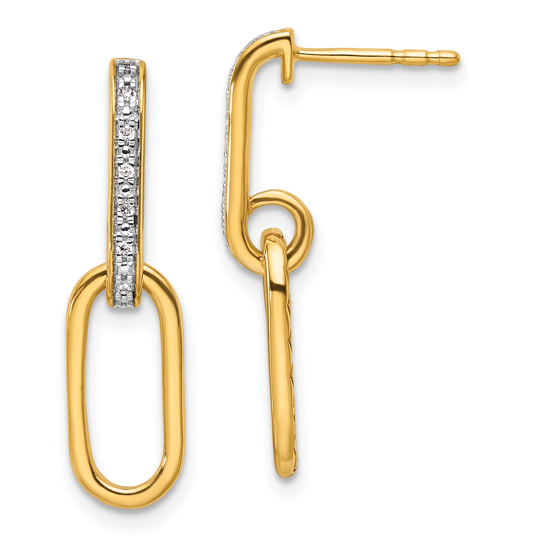 14K Polished 1/20 carat Diamond Paperclip Link Dangle Post Earrings