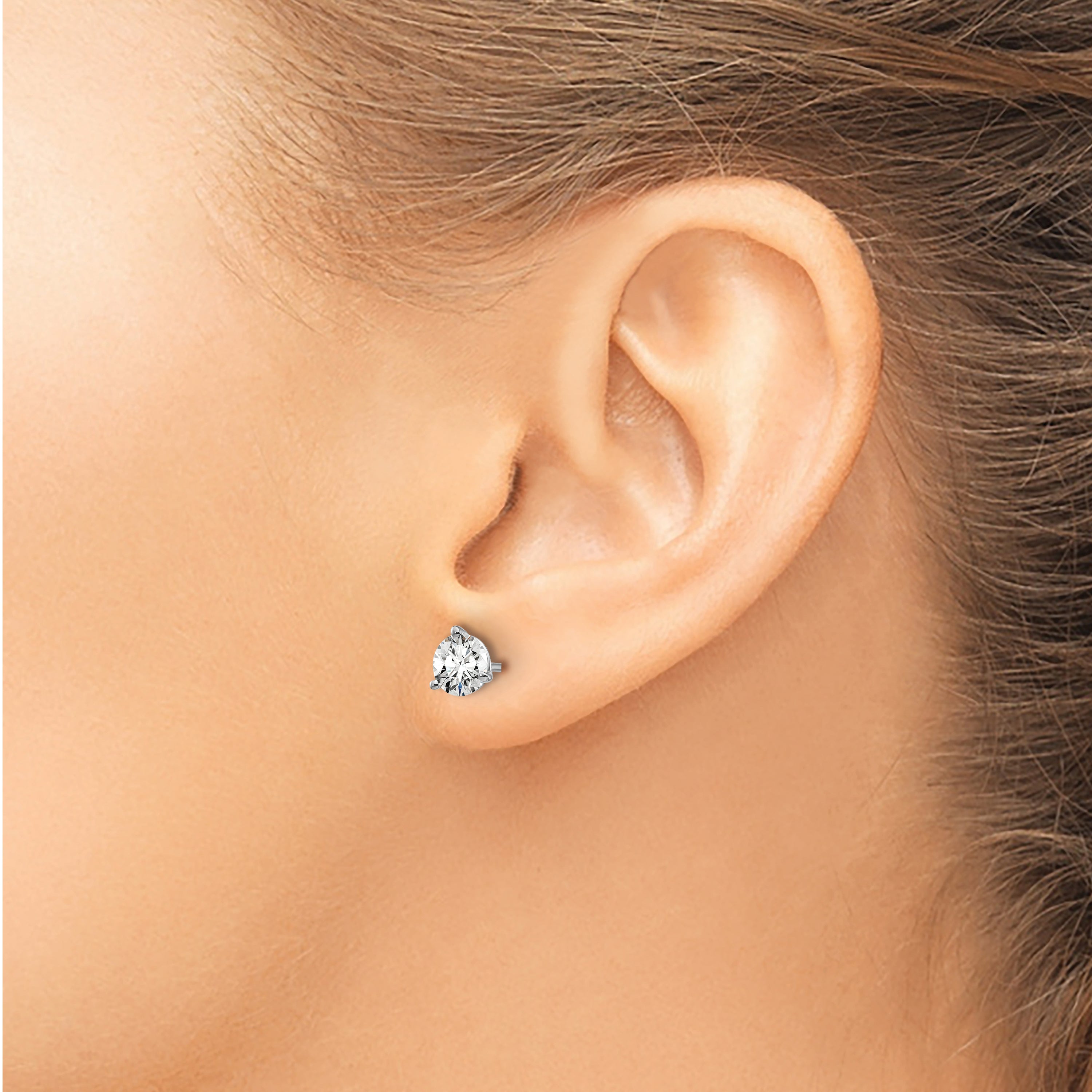 14k White Gold 1 carat Certified Lab Grown Diamond VS+ F+ Round Complete Three Prong Stud Earrings