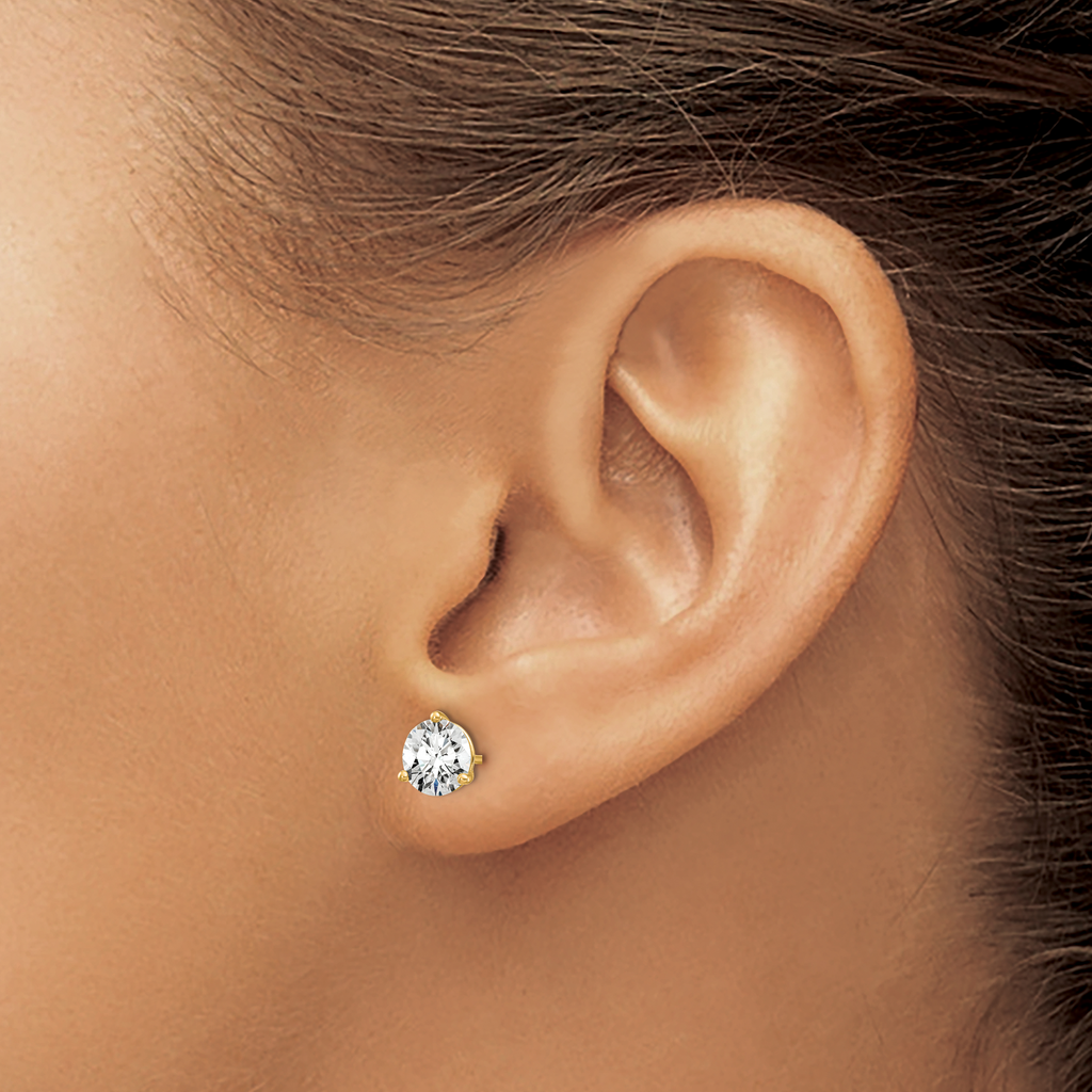 14K Yellow Gold 1 1/2 ct Certified Lab-Created Diamond VS+ F+, 3-Prong Stud Earrings