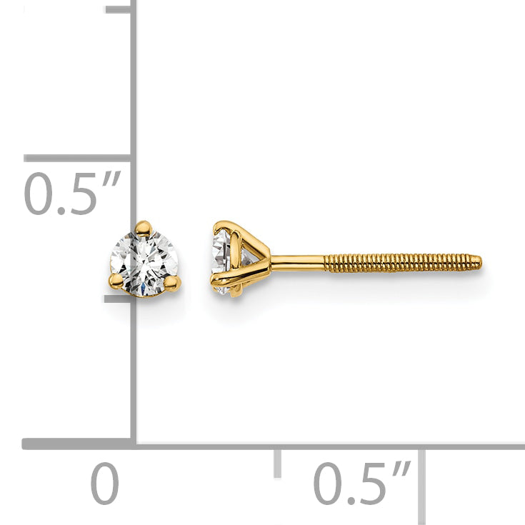 14K Yellow Gold 1/5 ct Lab-Created Diamond VS/SI+ G+, 3-Prong Screw-Back Stud Earrings