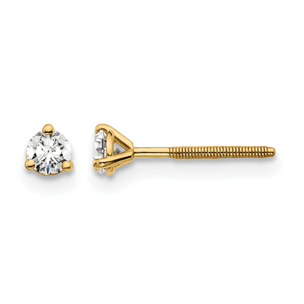 14K Yellow Gold 1/5 ct Lab-Created Diamond VS/SI+ G+, 3-Prong Screw-Back Stud Earrings
