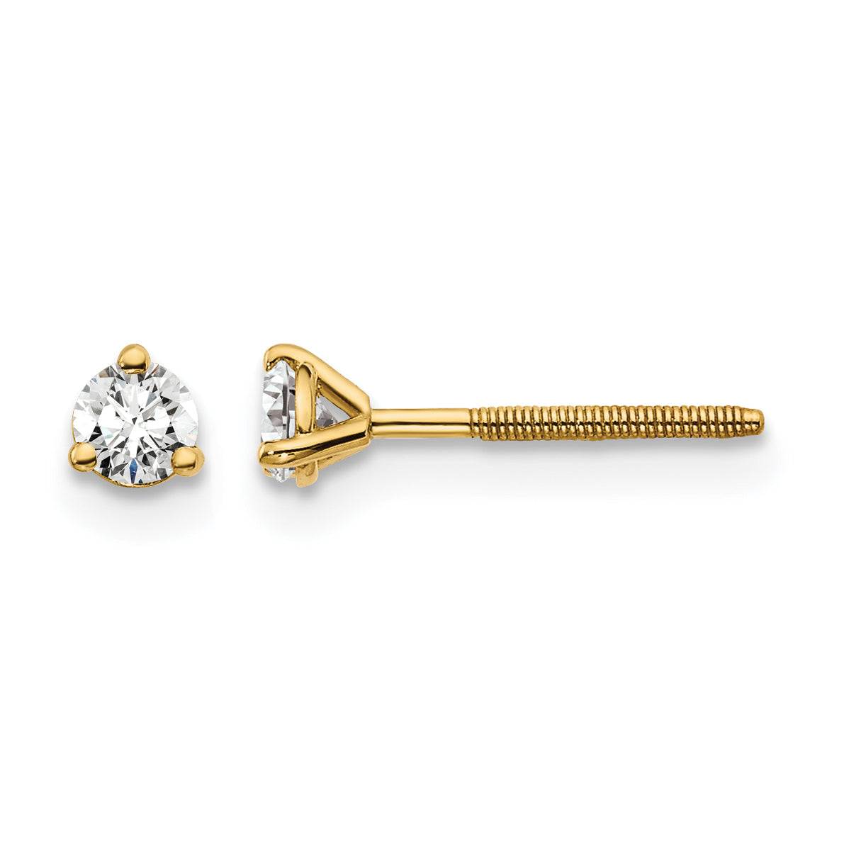 14K Yellow Gold 1/5 ct Lab-Created Diamond VS+ F+, 3-Prong Screw-Back Stud Earrings