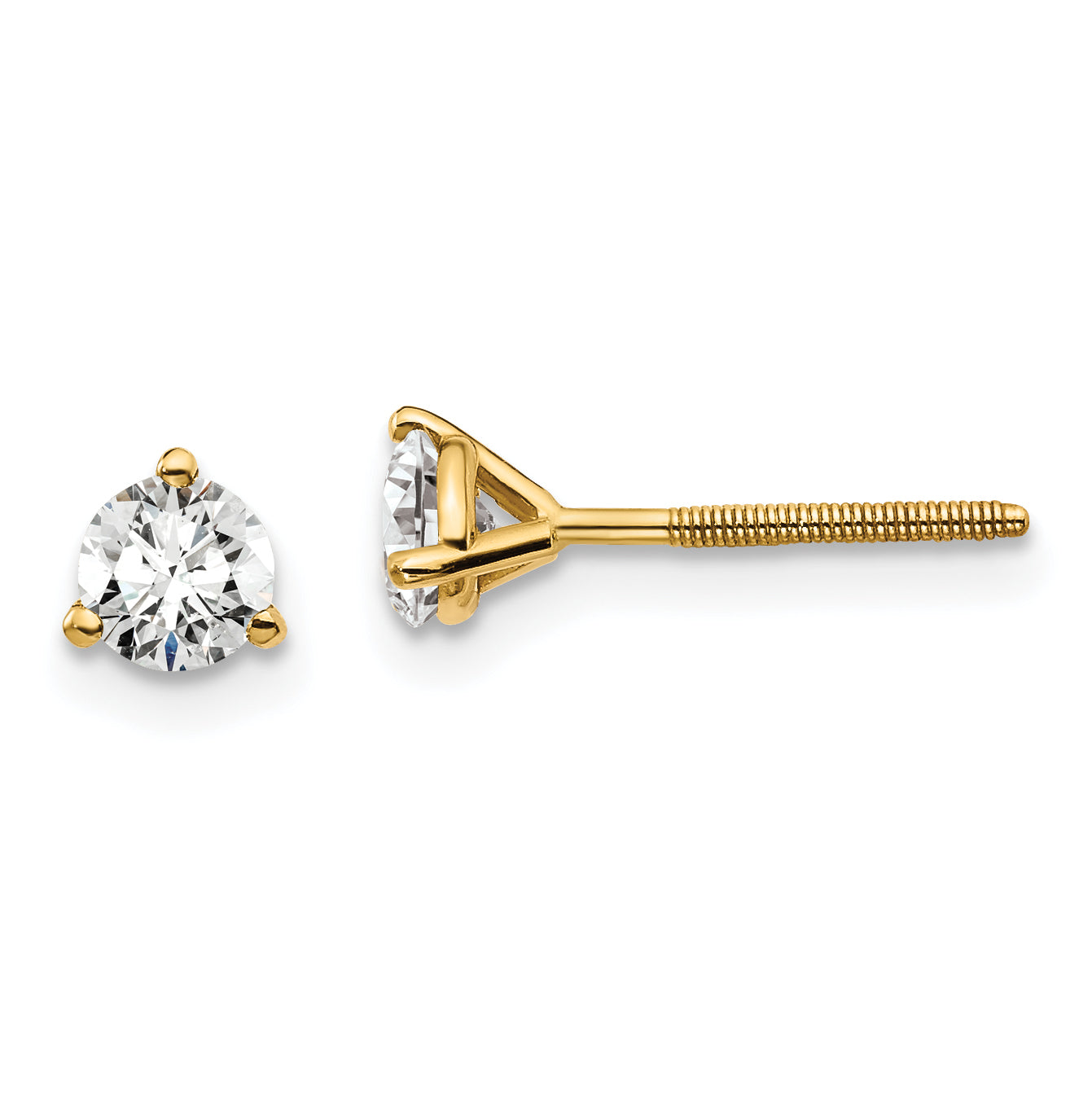 18K Yellow Gold 1/2 ct Certified Lab-Created Diamond VS+ F+, 3-Prong Screw-Back Stud Earrings