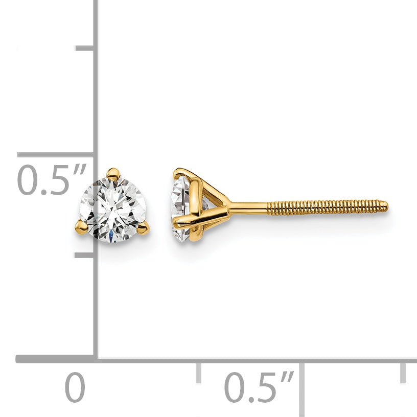 14K Yellow Gold 1/2 ct Certified Lab-Created Diamond VS+ F+, 3-Prong Screw-Back Stud Earrings