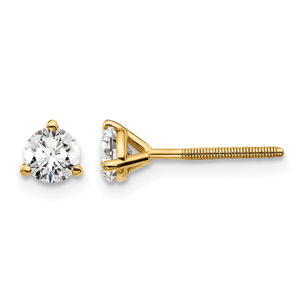 14K Yellow Gold 1/2 ct Certified Lab-Created Diamond VS+ F+, 3-Prong Screw-Back Stud Earrings