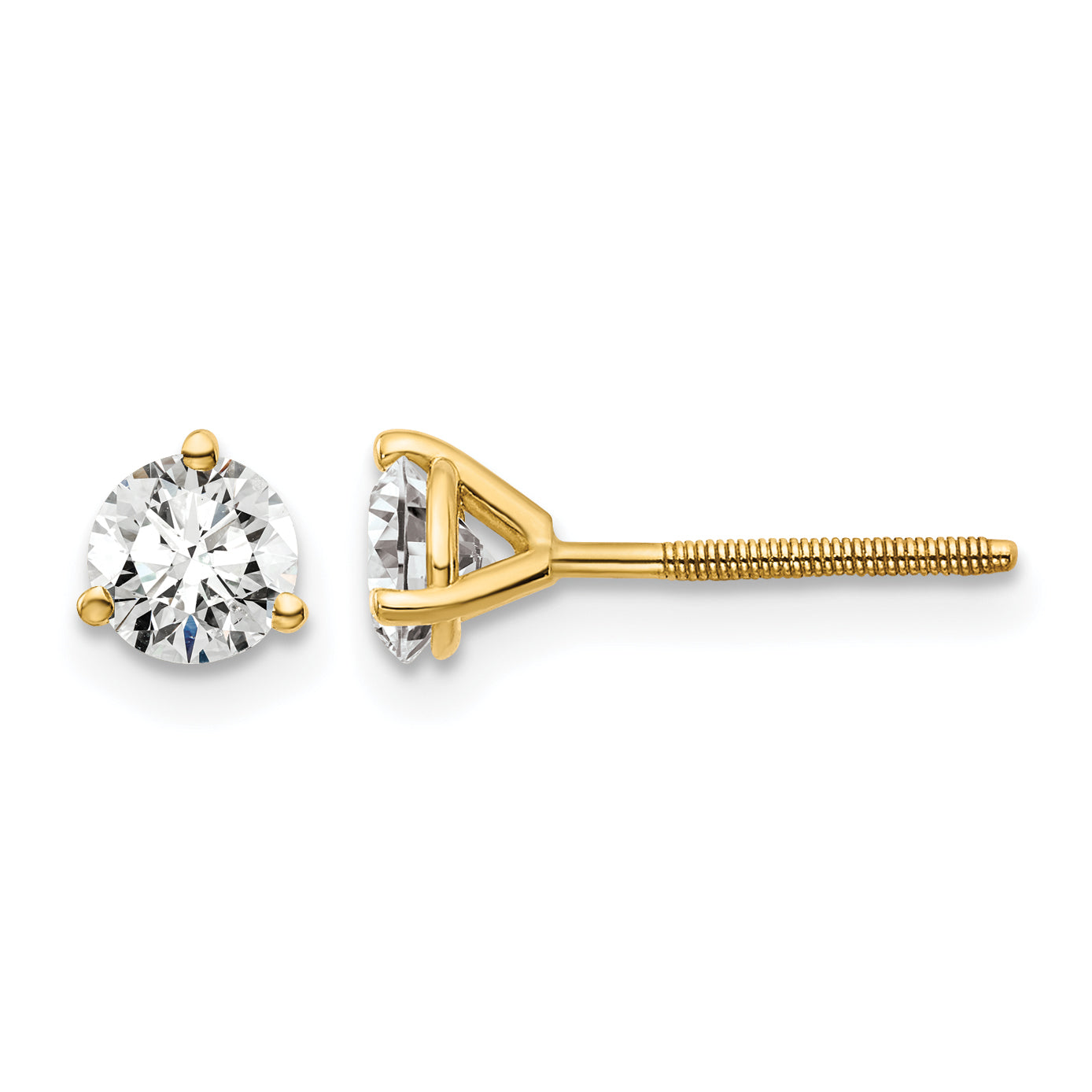 14K Yellow Gold 3/4 ct Certified Lab-Created Diamond VS+ F+, 3-Prong Screw-Back Stud Earrings
