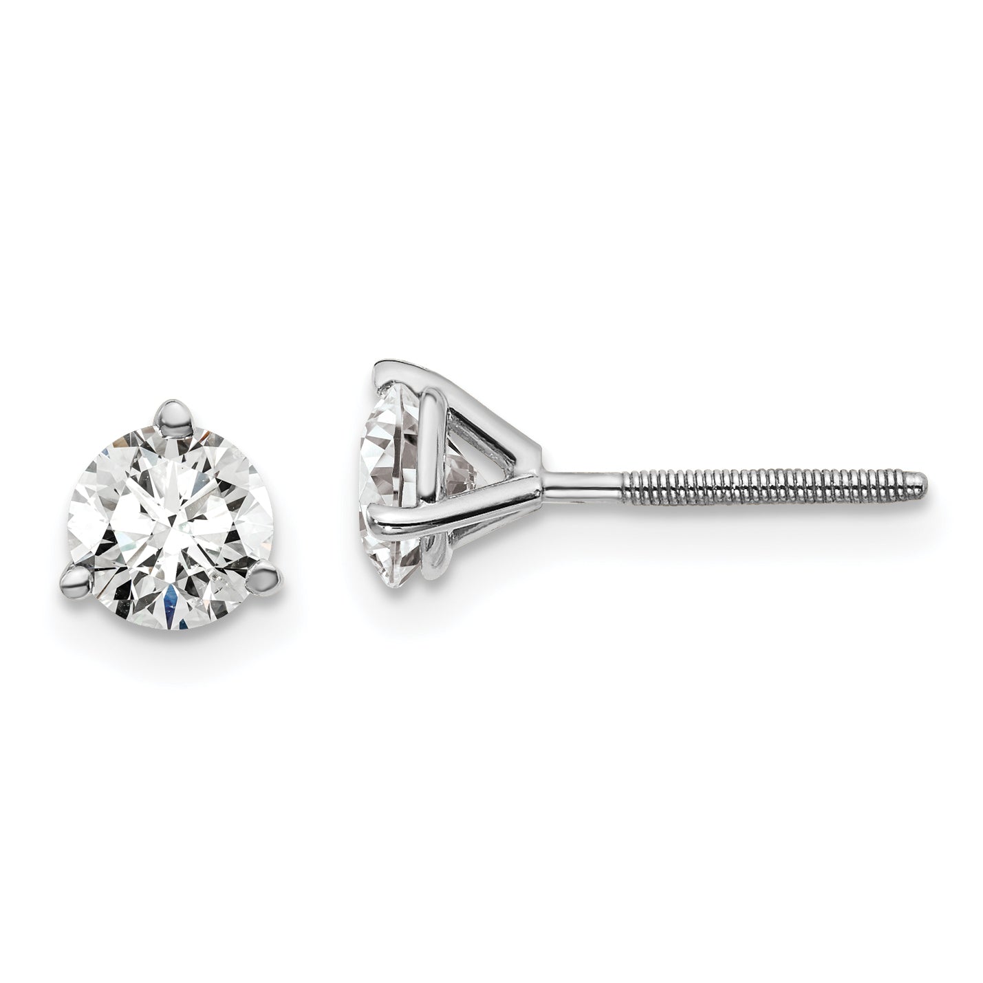 18K White Gold 1 ct Certified Lab-Created Diamond VS+ F+, 3-Prong Screw-Back Stud Earrings