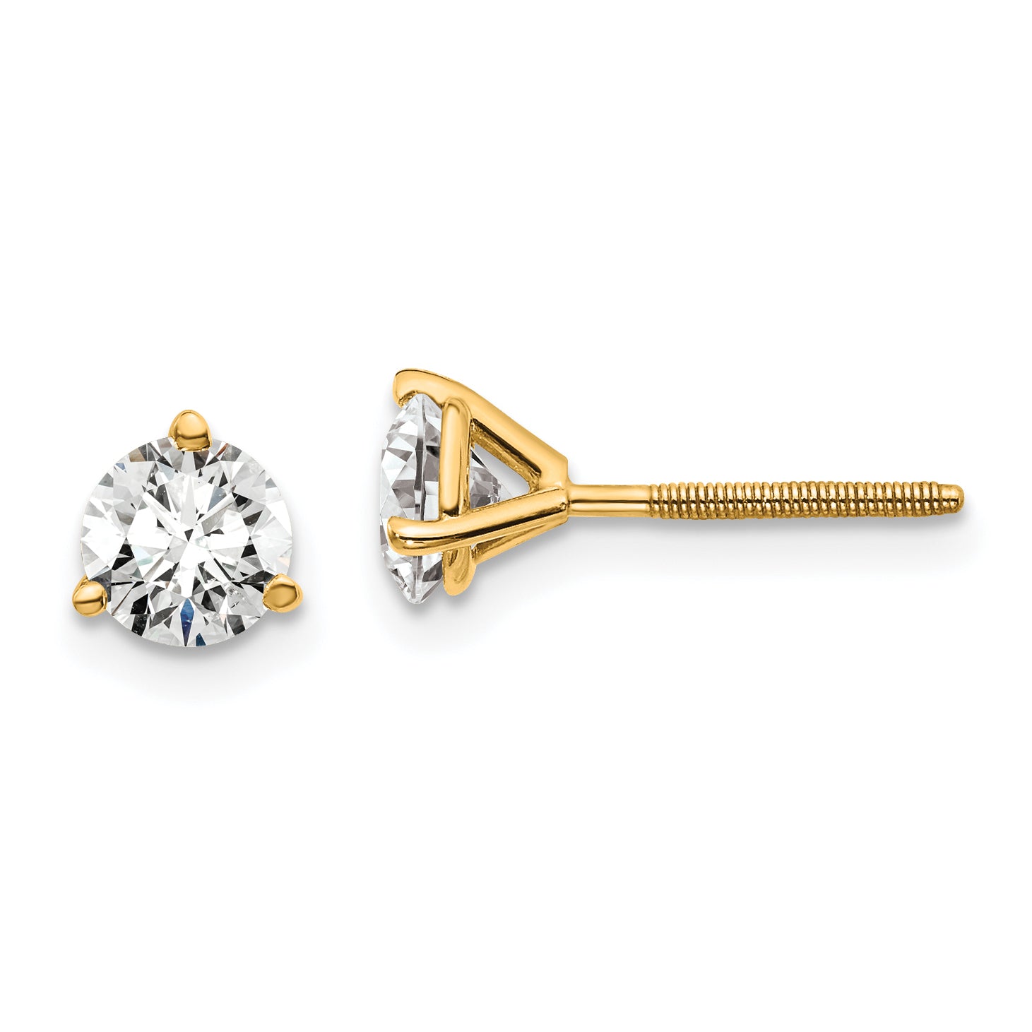 18K Yellow Gold 1 ct Lab-Created Diamond VS+ F+, 3-Prong Screw-Back Stud Earrings
