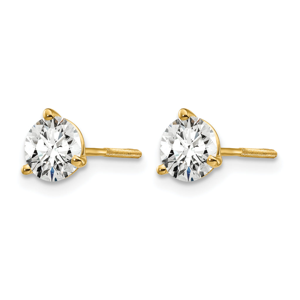 14K Yellow Gold 1 ct Certified Lab-Created Diamond VS/SI+ G+, 3-Prong Screw-Back Stud Earrings