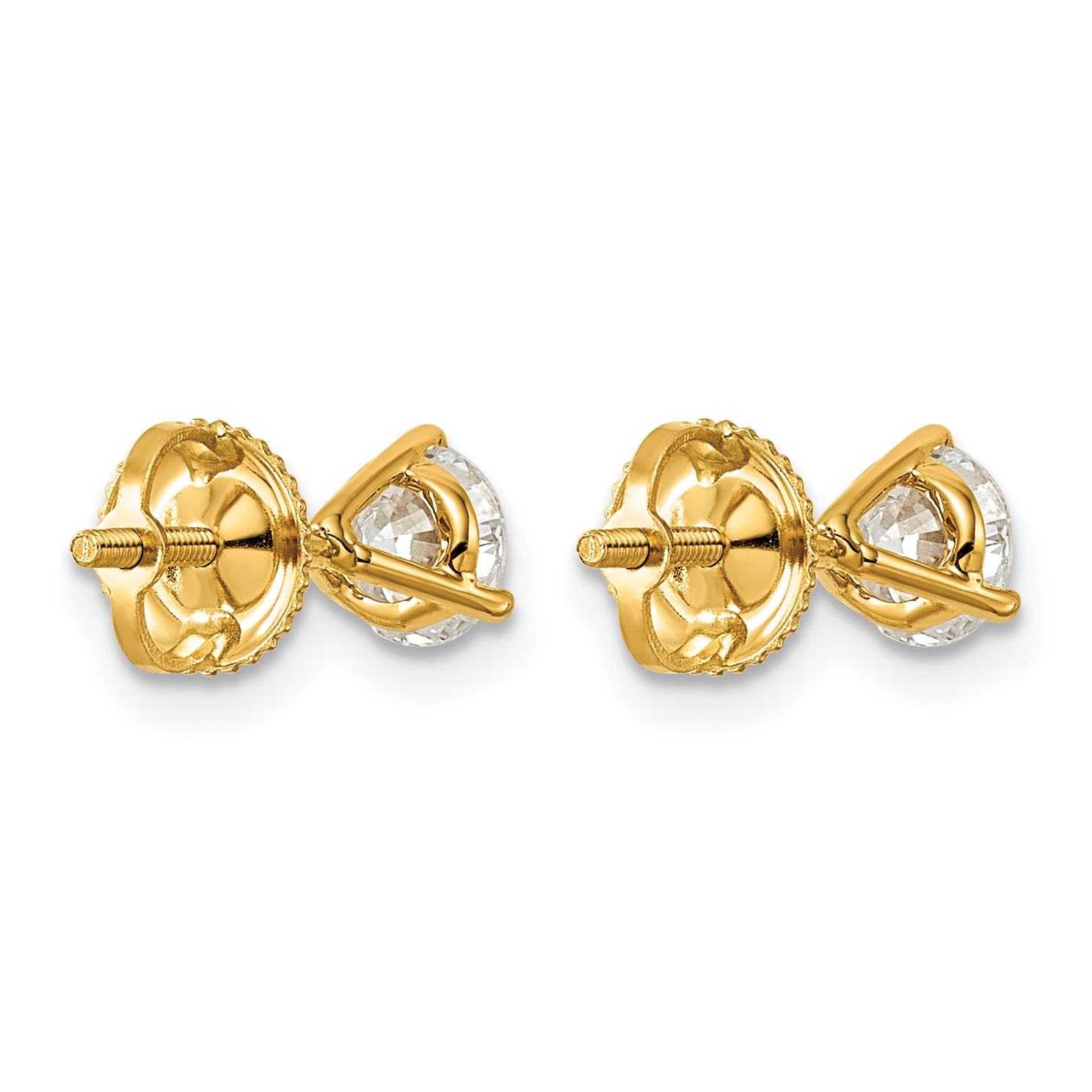 14K Yellow Gold 1 ct Certified Lab-Created Diamond VS+ F+, 3-Prong Screw-Back Stud Earrings