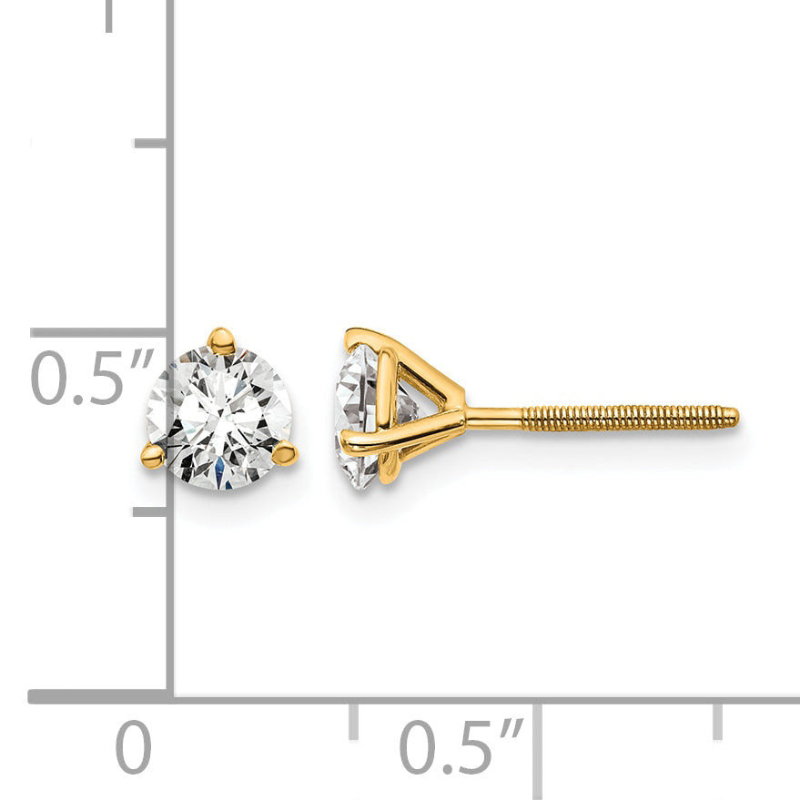14K Yellow Gold 1 ct Certified Lab-Created Diamond VS/SI+ G+, 3-Prong Screw-Back Stud Earrings