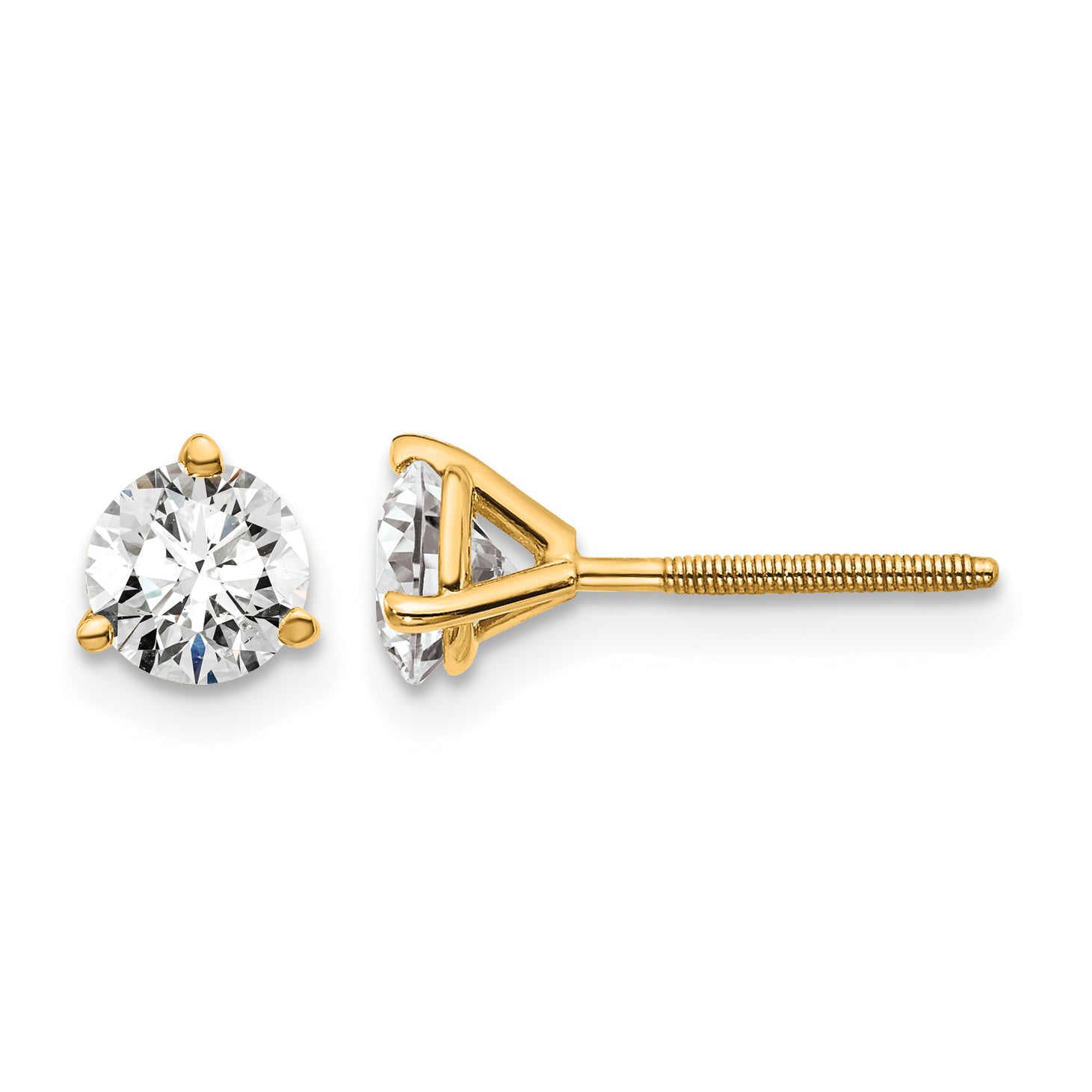 14K Yellow Gold 1 ct Lab-Created Diamond VS/SI+ G+, 3-Prong Screw-Back Stud Earrings