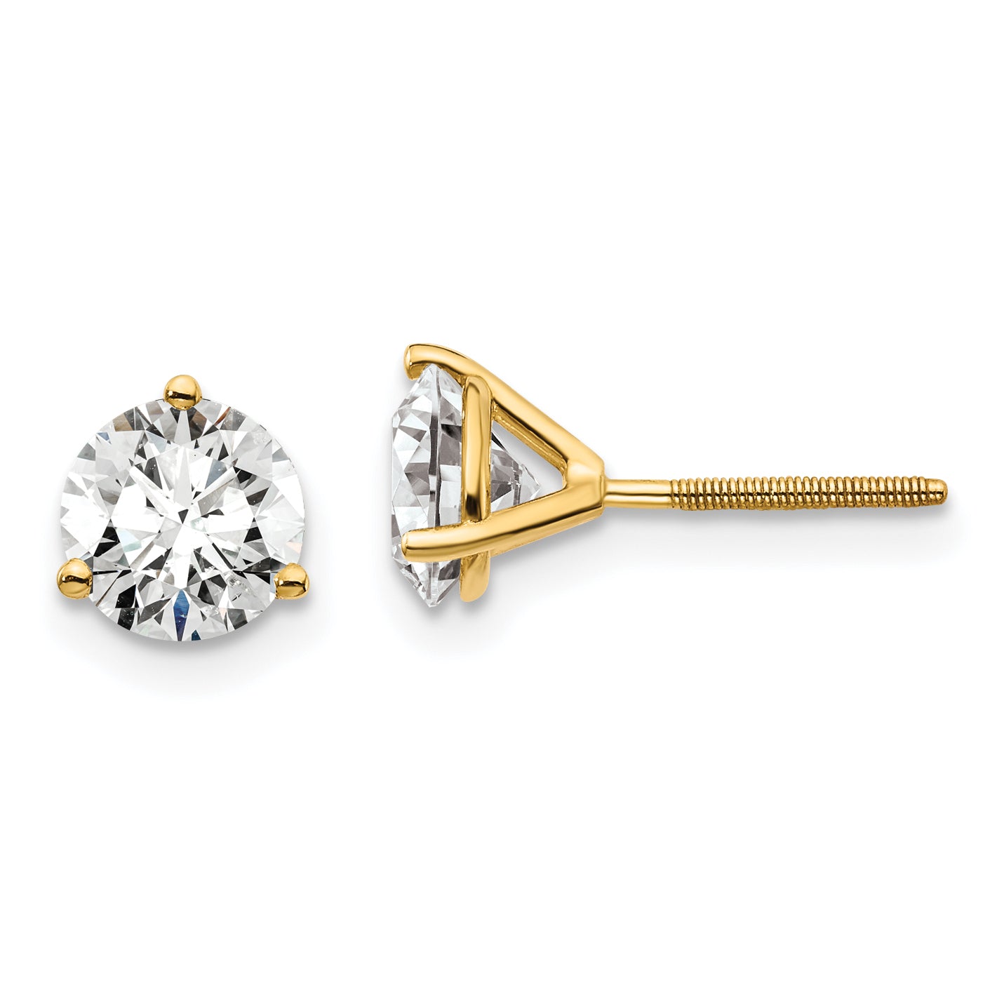 18K Yellow Gold 1 1/2 ct Lab-Created Diamond VS+ F+, 3-Prong Screw-Back Stud Earrings