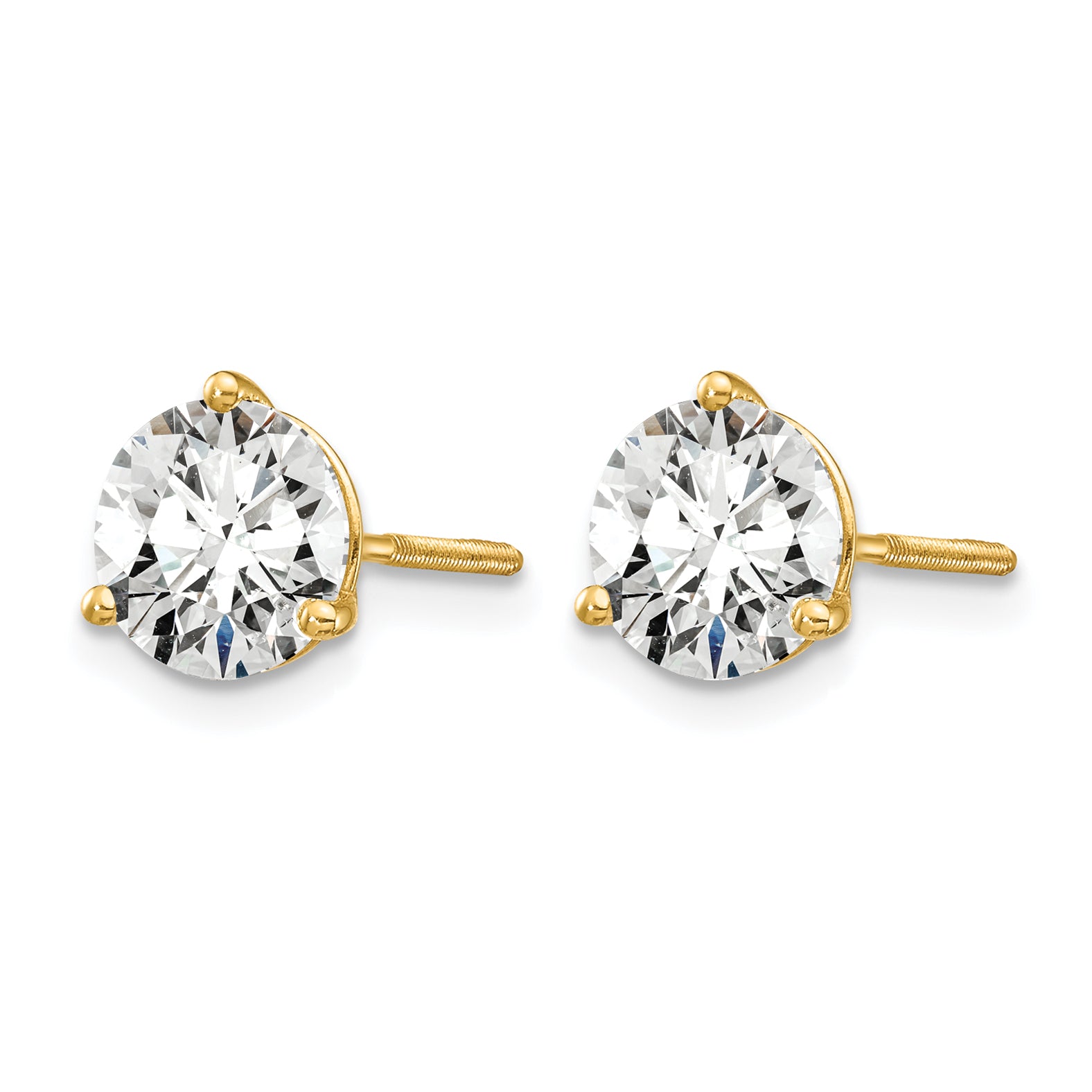 14K Yellow Gold 1 1/2 ct Certified Lab-Created Diamond VS+ F+, 3-Prong Screw-Back Stud Earrings