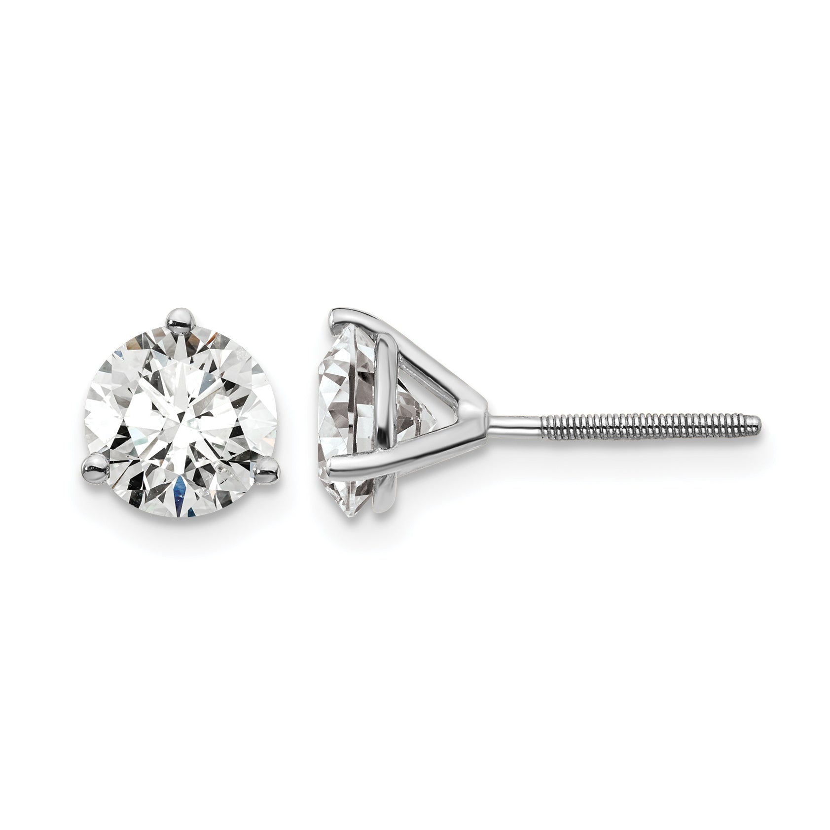 14K White Gold 2 1/2 ct Lab-Created Diamond VS+ F+, 3-Prong Screw-Back Stud Earrings