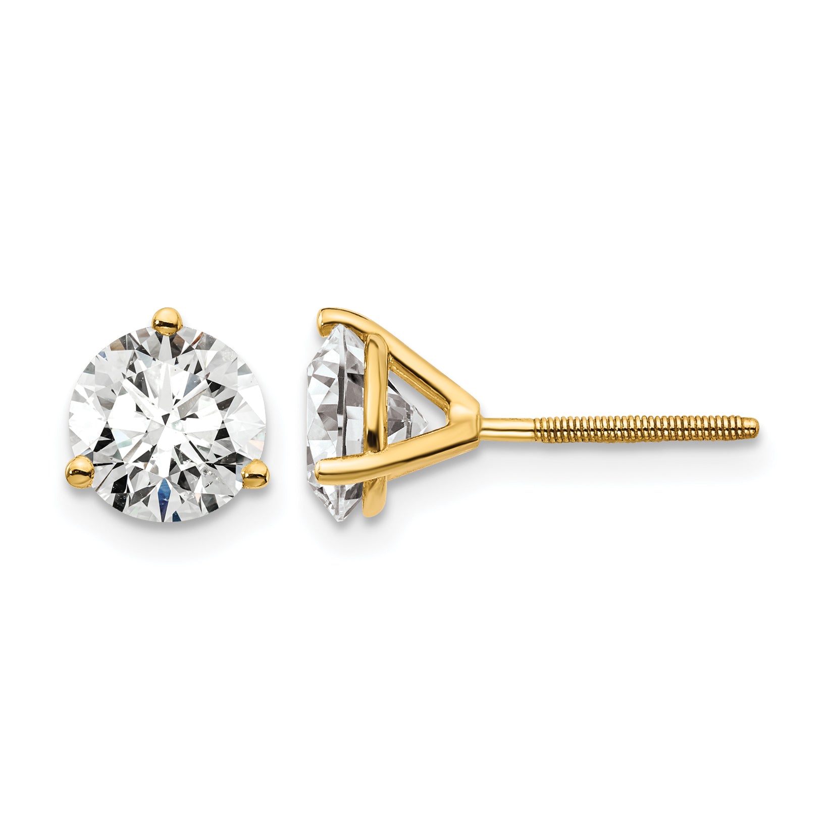 14K Yellow Gold 2 1/2 ct Certified Lab-Created Diamond VS/SI+ G+, 3-Prong Screw-Back Stud Earrings