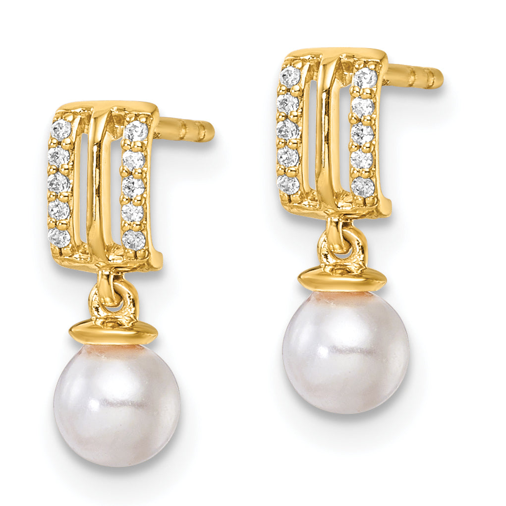 14K Polished 1/15 carat Diamond and White Freshwater Cultured Pearl Dangle Post Earrings Secondary image