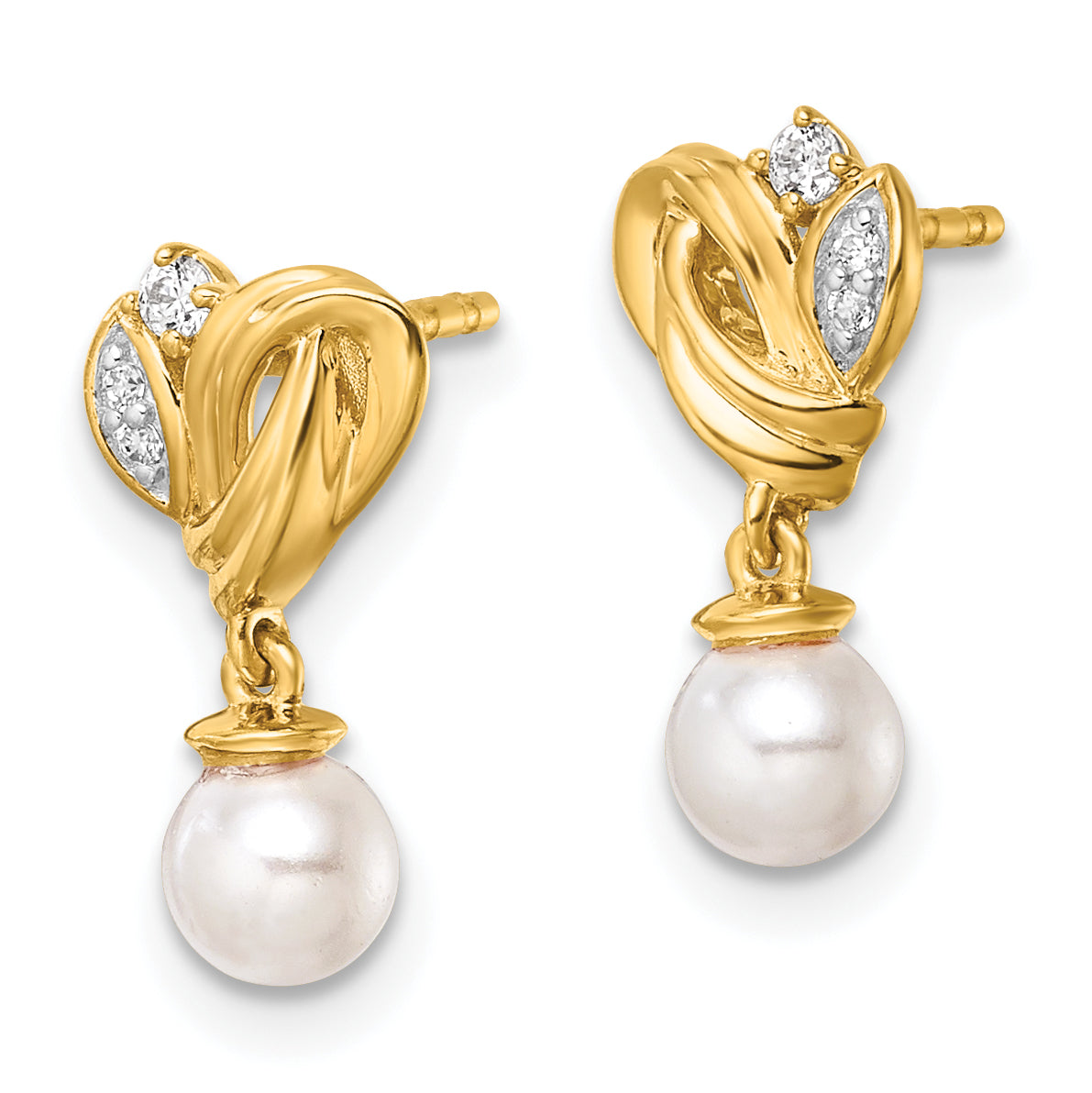 14K Polished 1/15 carat Diamond and White Freshwater Cultured Pearl Dangle Post Earrings