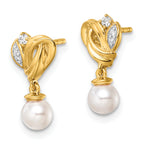 14K Polished 1/15 carat Diamond and White Freshwater Cultured Pearl Dangle Post Earrings