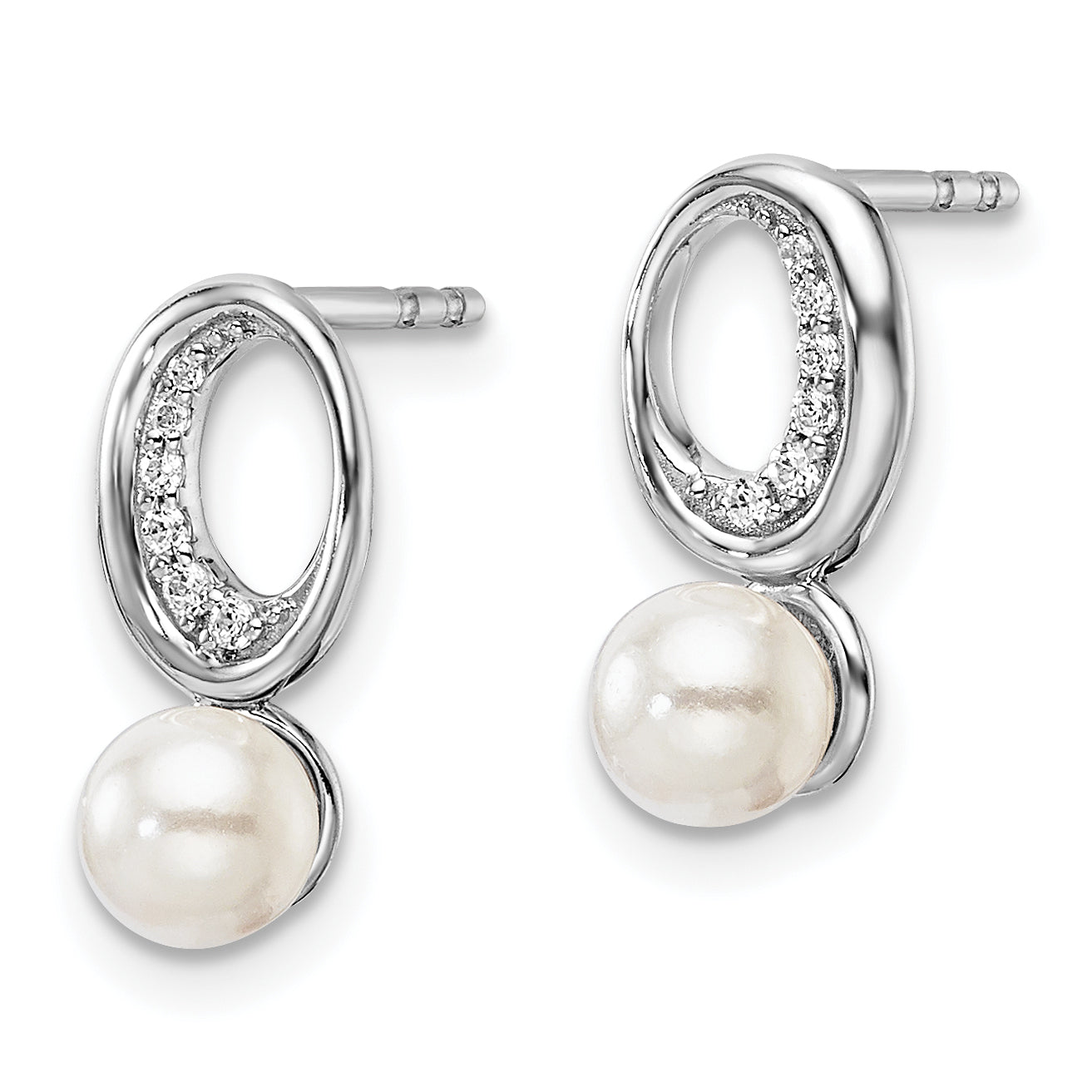 14K White Gold Polished 1/20 carat Diamond and White Freshwater Cultured Pearl Drop Post Earrings