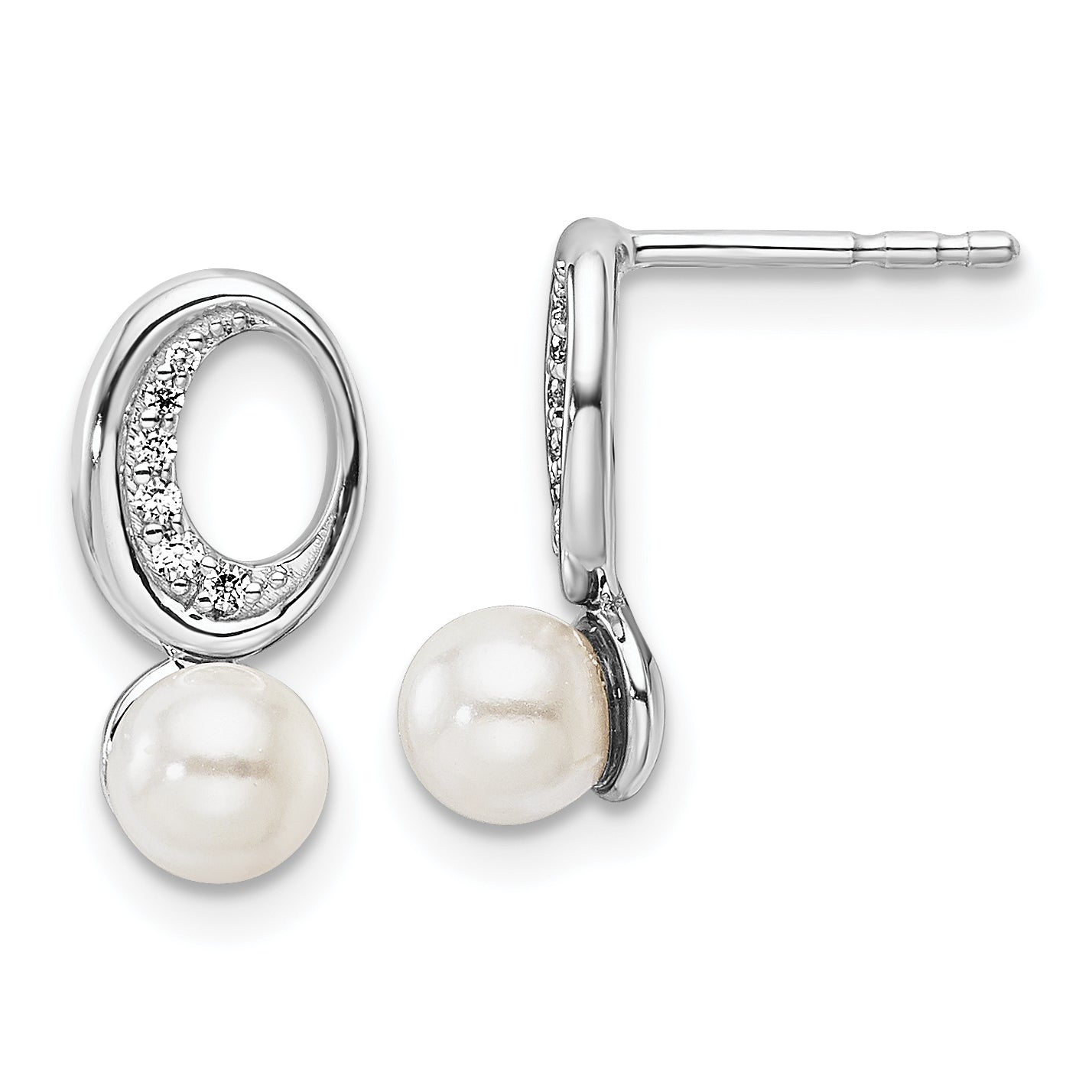 14K White Gold Polished 1/20 carat Diamond and White Freshwater Cultured Pearl Drop Post Earrings Main image