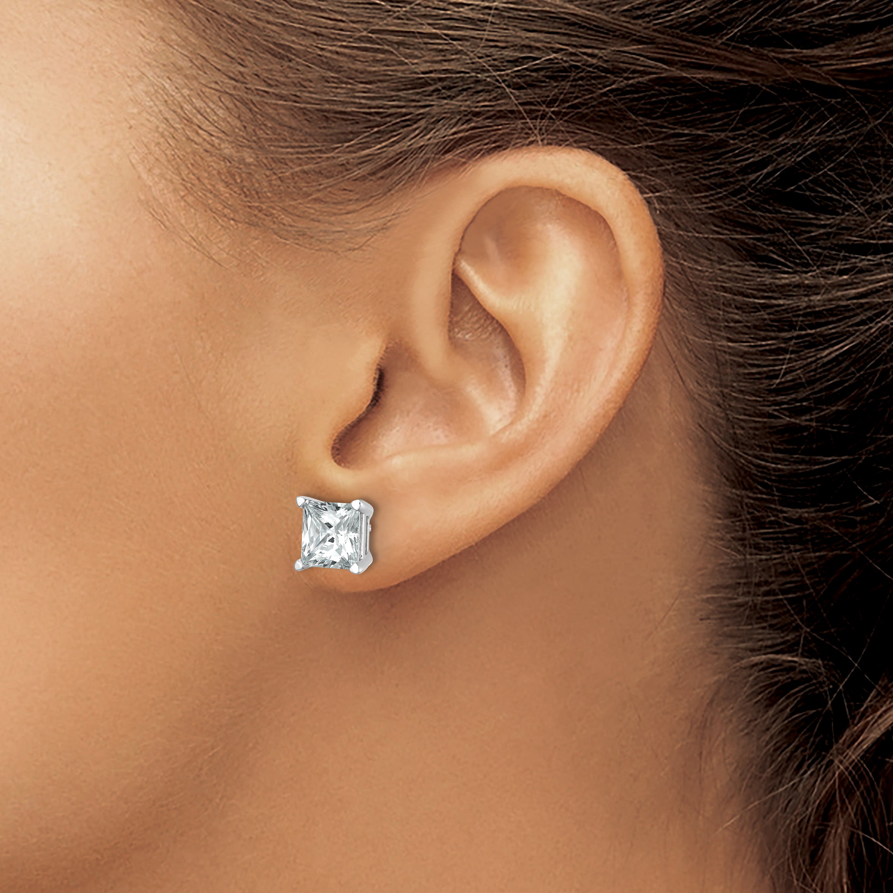 14K White Gold 6 ct Certified Lab-Created Diamond VS+ F+, Princess-Cut 4-Prong Stud Earrings