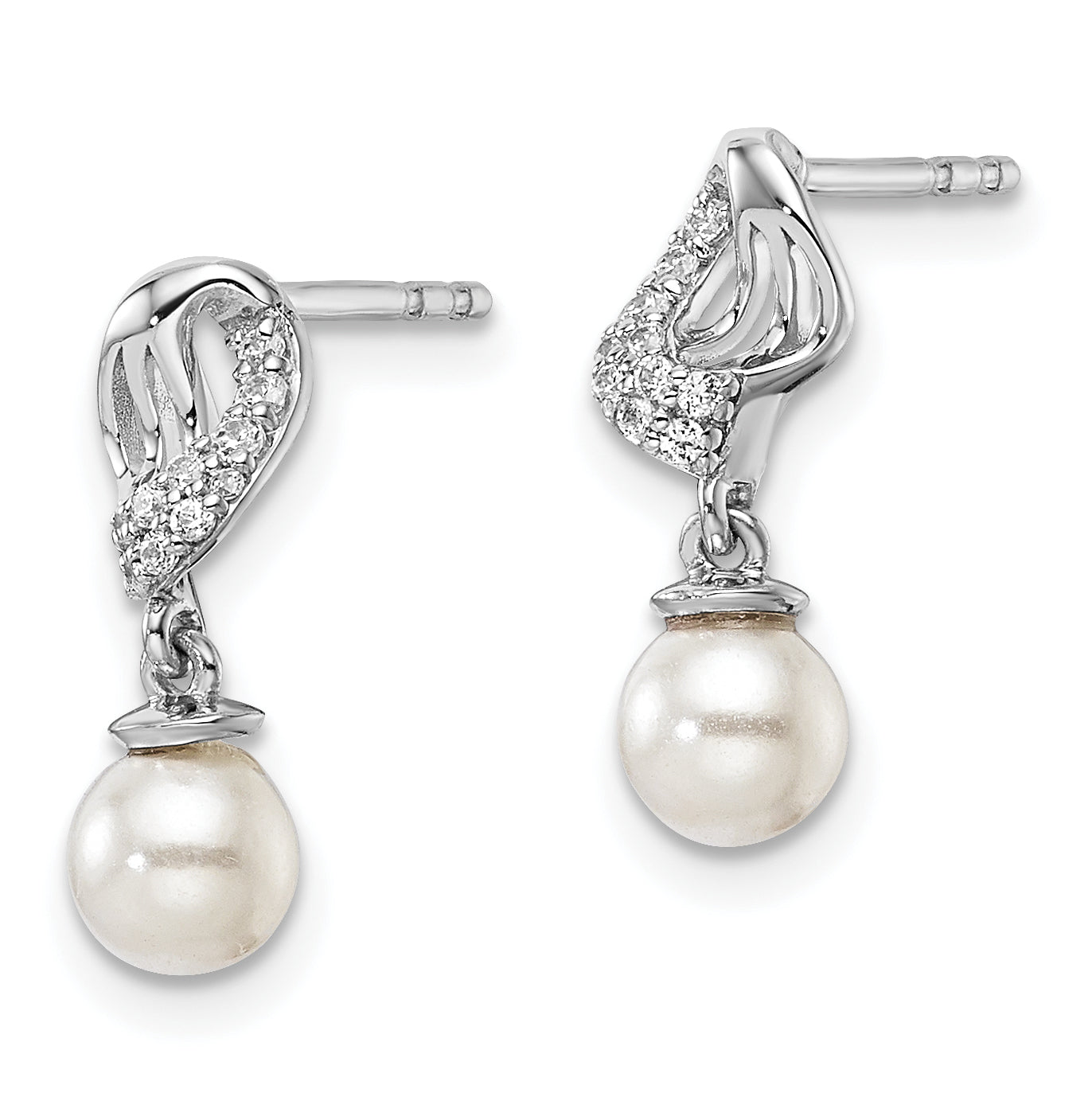 14K White Gold Polished 1/20 carat Diamond and White Freshwater Cultured Pearl Dangle Post Earrings Secondary image