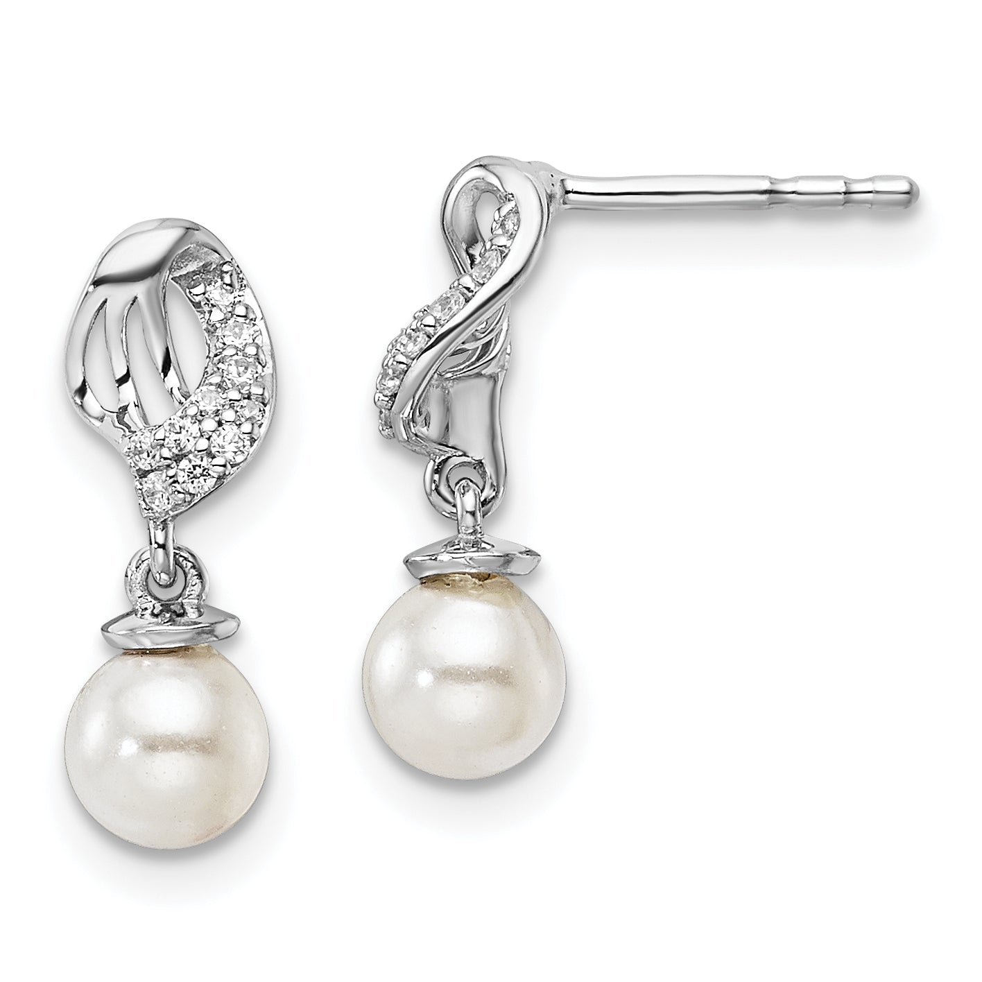 14K White Gold Polished 1/20 carat Diamond and White Freshwater Cultured Pearl Dangle Post Earrings Main image