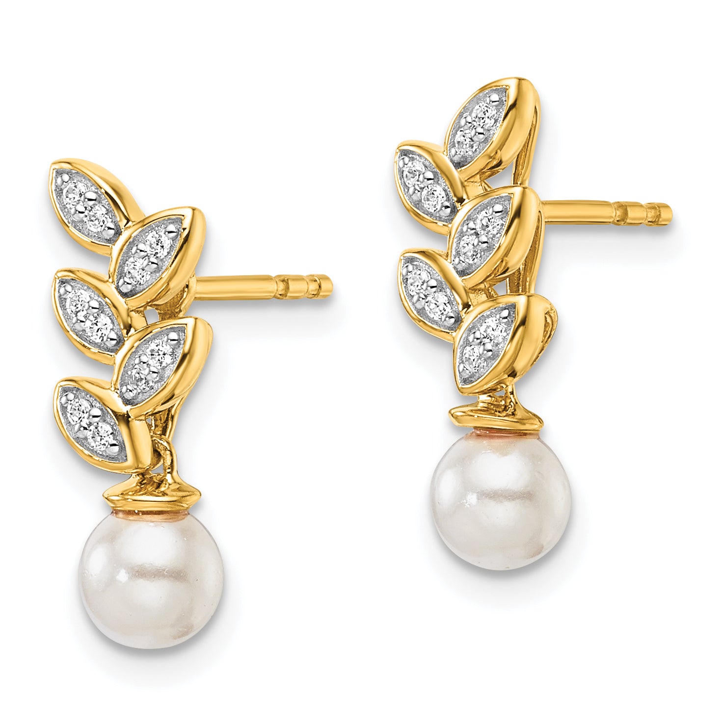14K Polished 1/10 carat Diamond and White Freshwater Cultured Pearl Leaf Design Dangle Post Earrings Secondary image