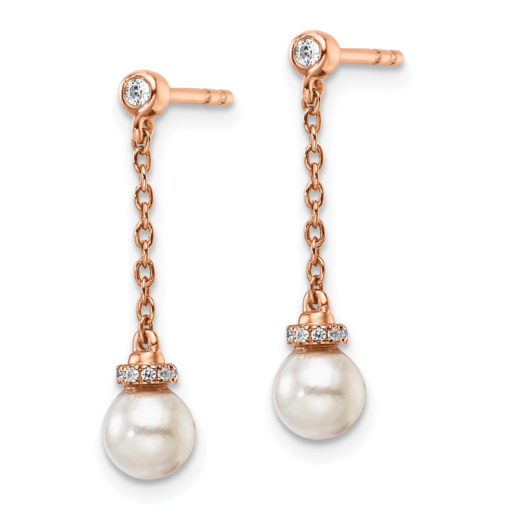 14K Rose Gold Polished 1/10 carat Diamond and White Freshwater Cultured Pearl Chain Dangle Post Earrings Secondary image