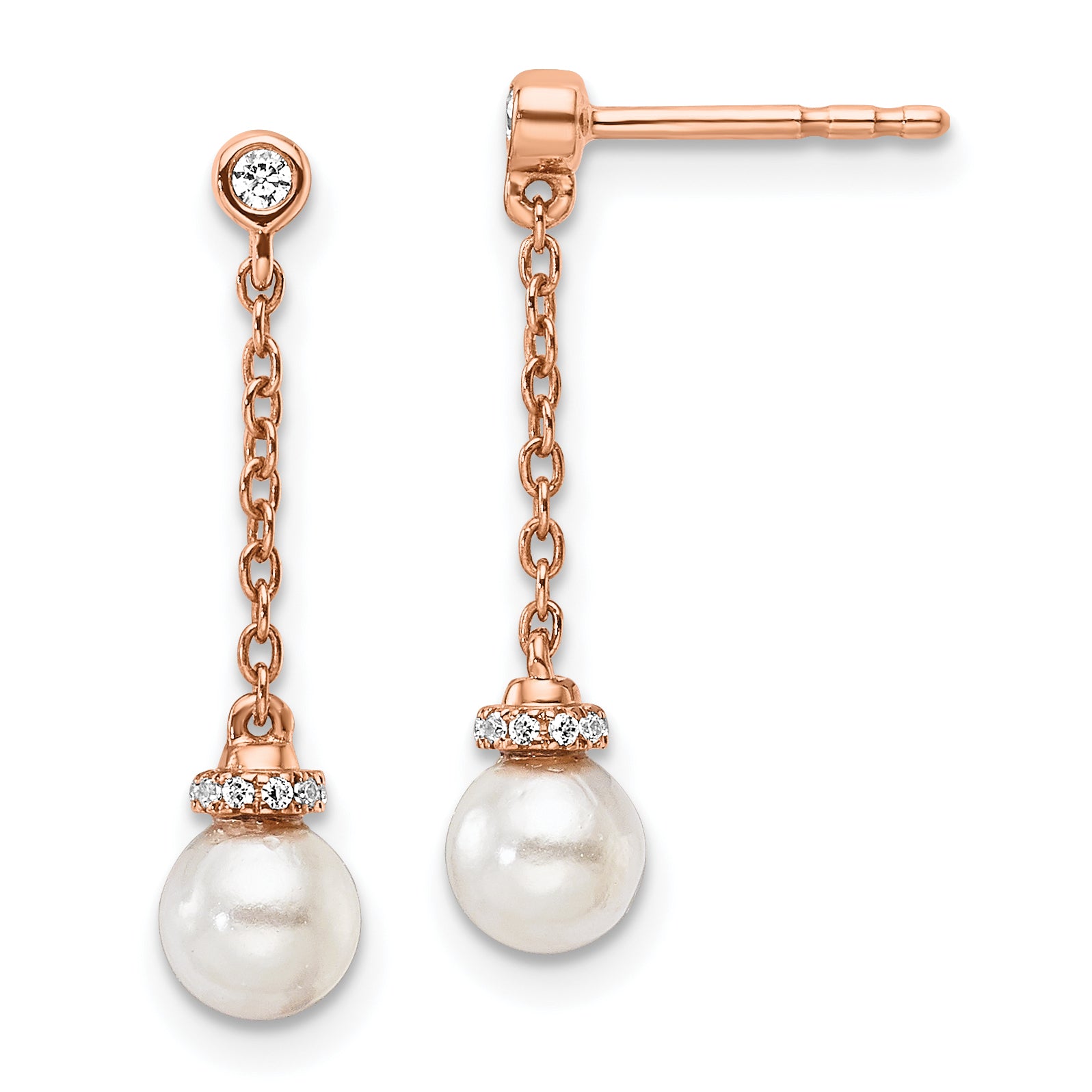 14K Rose Gold Polished 1/10 carat Diamond and White Freshwater Cultured Pearl Chain Dangle Post Earrings