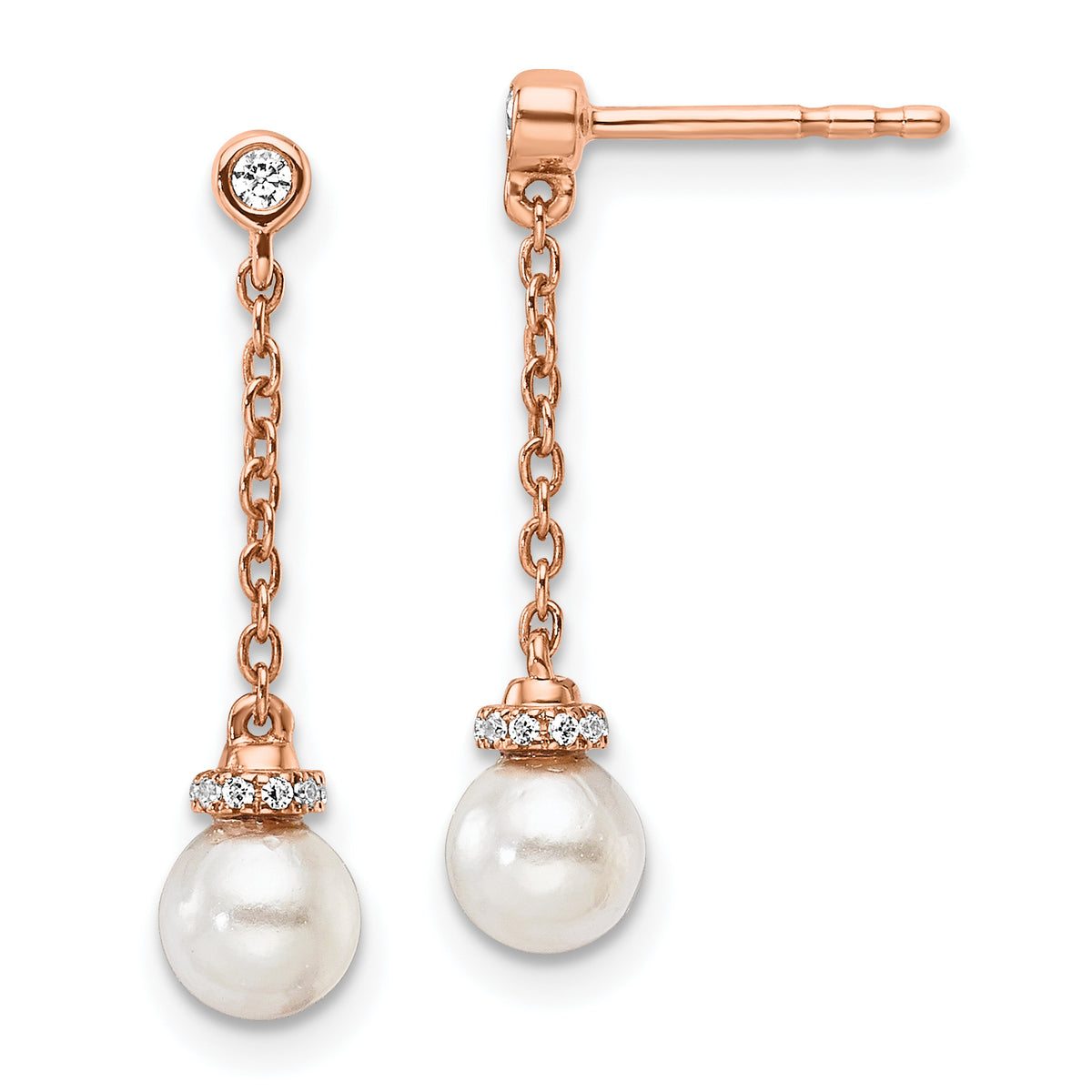 14K Rose Gold Polished 1/10 carat Diamond and White Freshwater Cultured Pearl Chain Dangle Post Earrings
